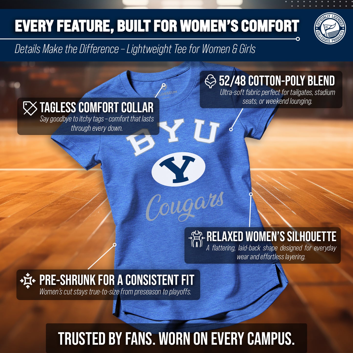 BYU Cougars NCAA Womens Tag-Less Ultra Soft Tailgate T-Shirt - Royal Heather