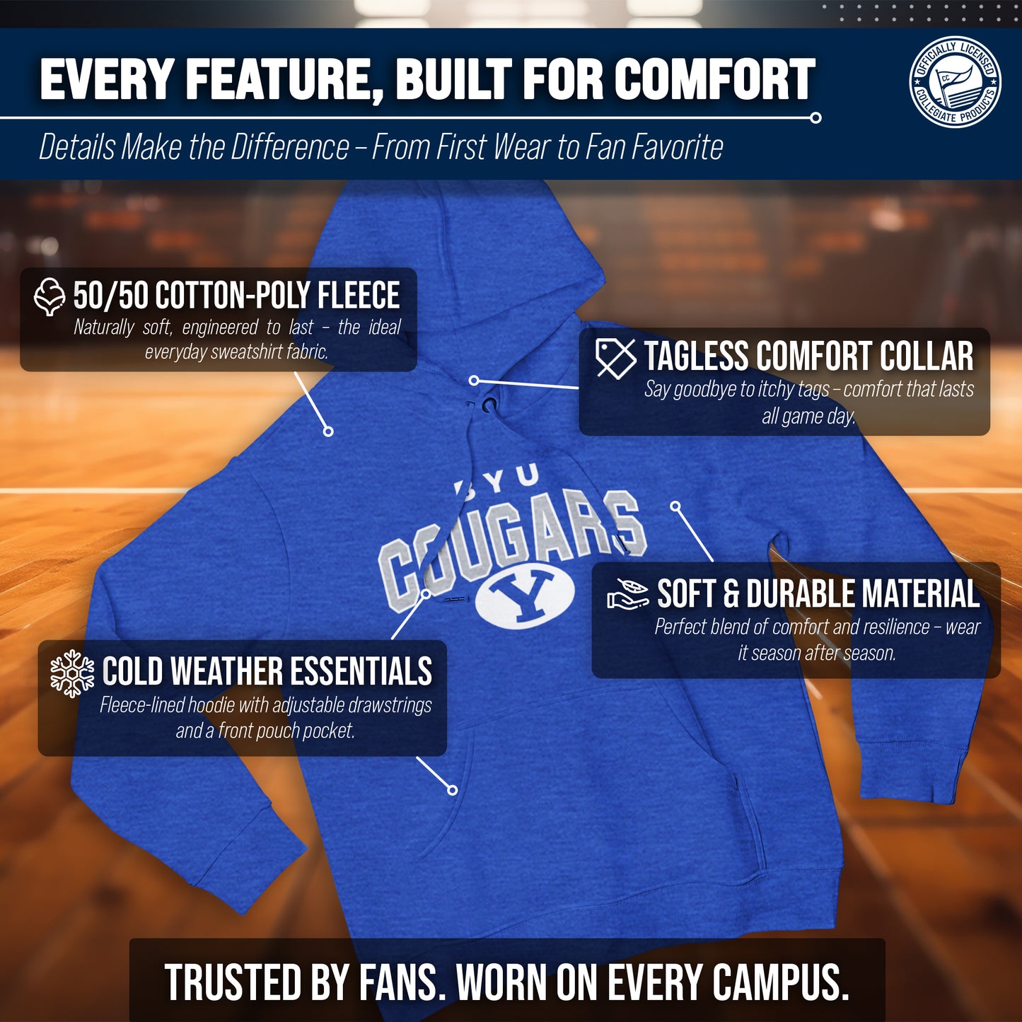BYU Cougars  Hoodie Heathered Fleece Sweatshirt - Royal Heather