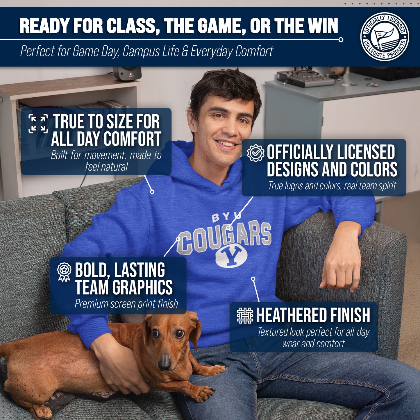 BYU Cougars  Hoodie Heathered Fleece Sweatshirt - Royal Heather