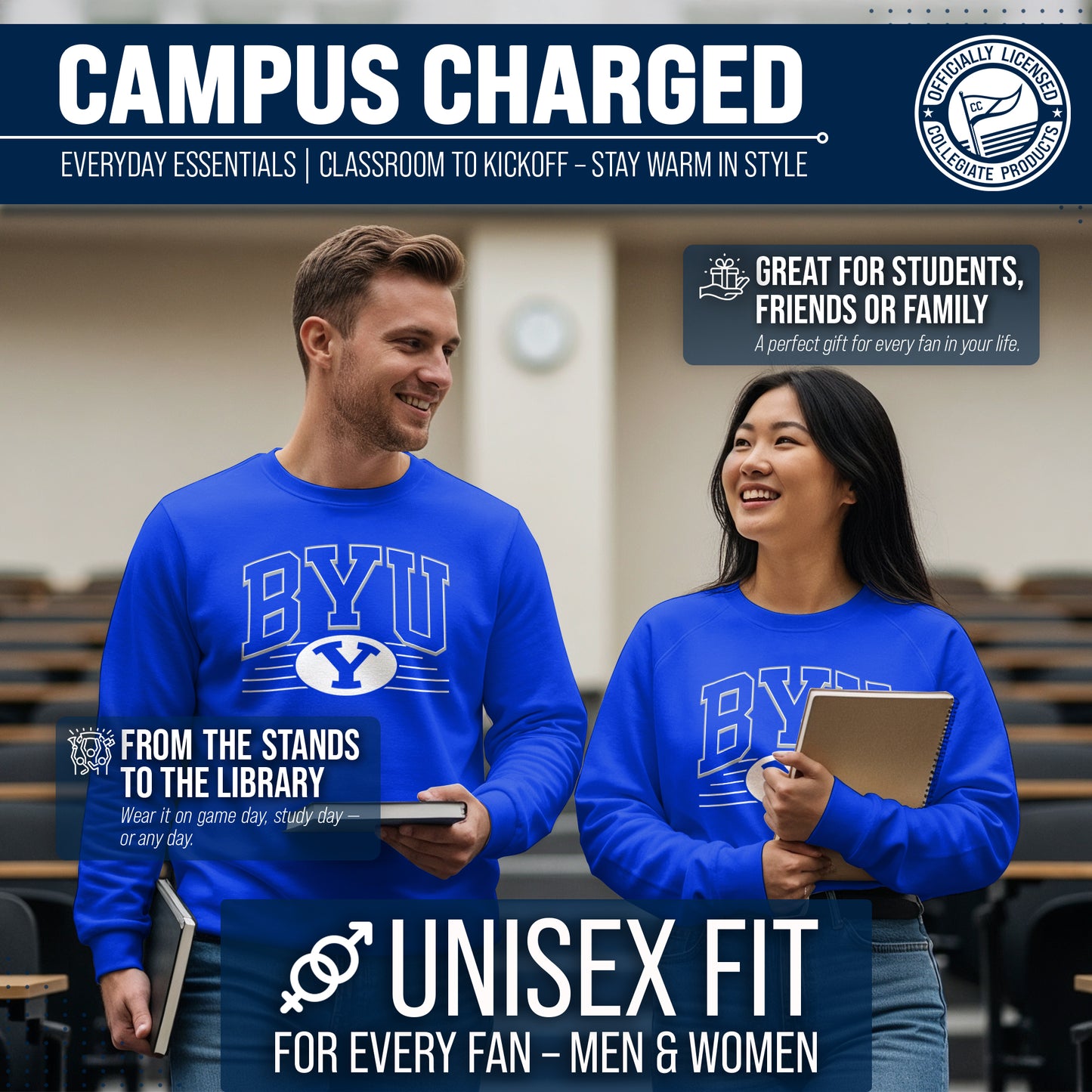 BYU Cougars NCAA Adult Unisex Overtime Classics Crewneck Fleece Sweatshirt - Royal