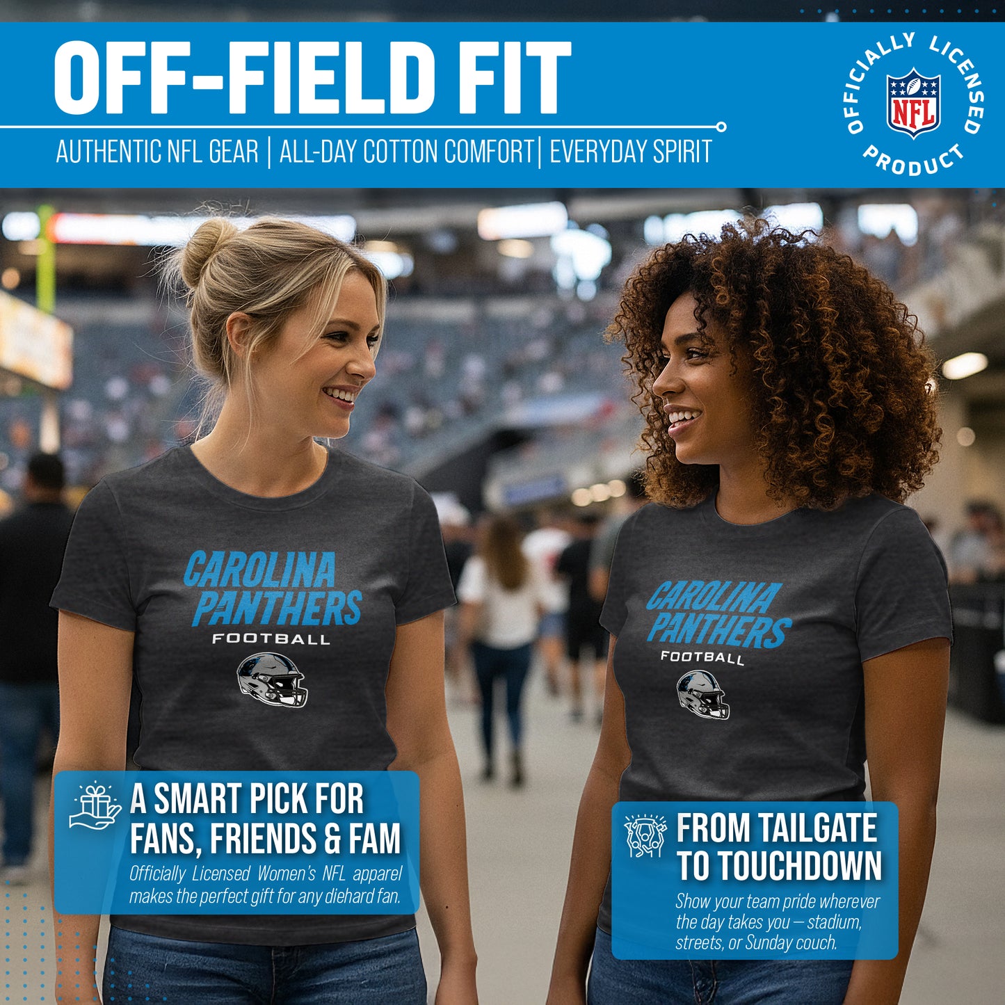 Carolina Panthers Women's NFL Football Helmet Short Sleeve Tagless T-Shirt - Charcoal