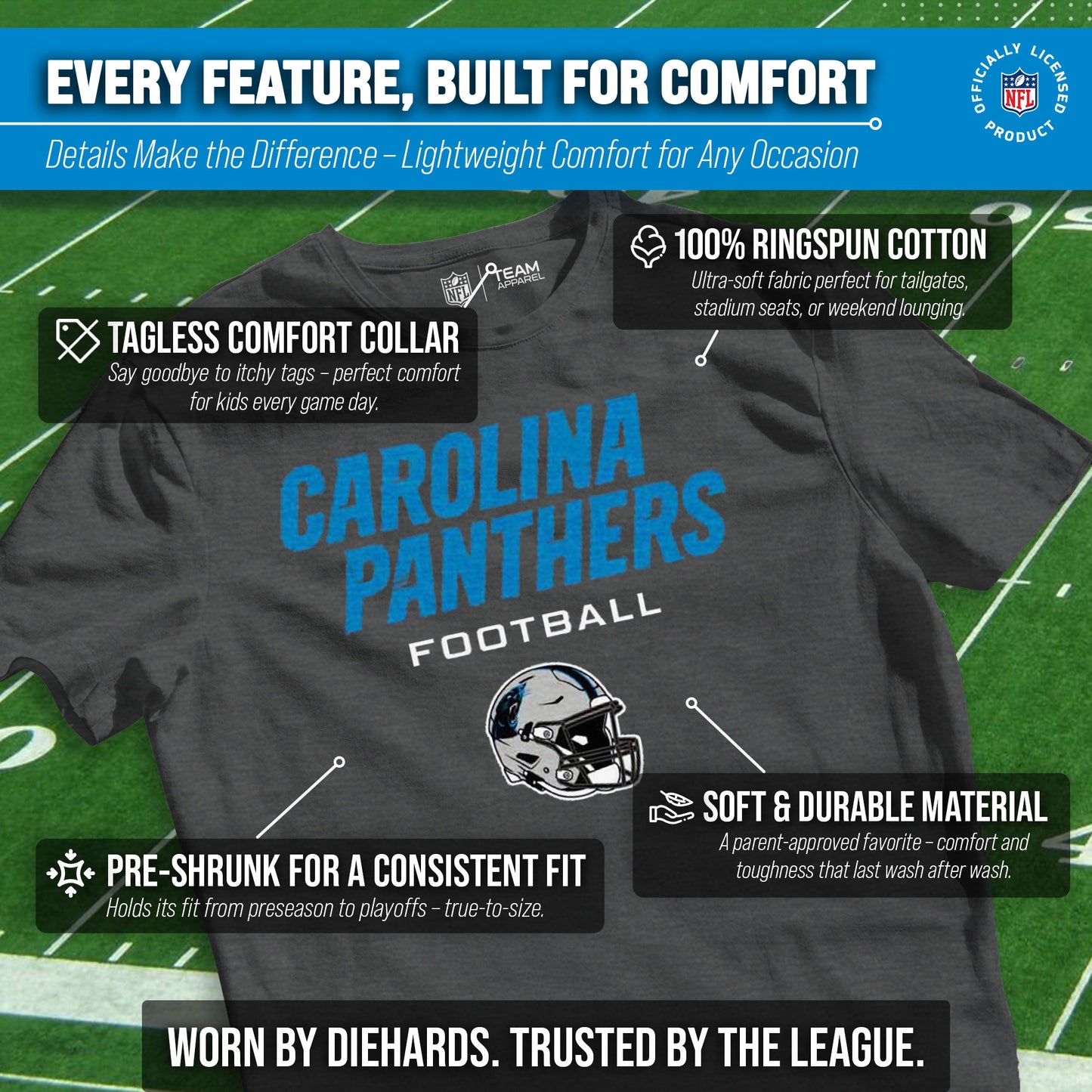 Carolina Panthers NFL Youth Football Helmet Tagless T-Shirt - Charcoal