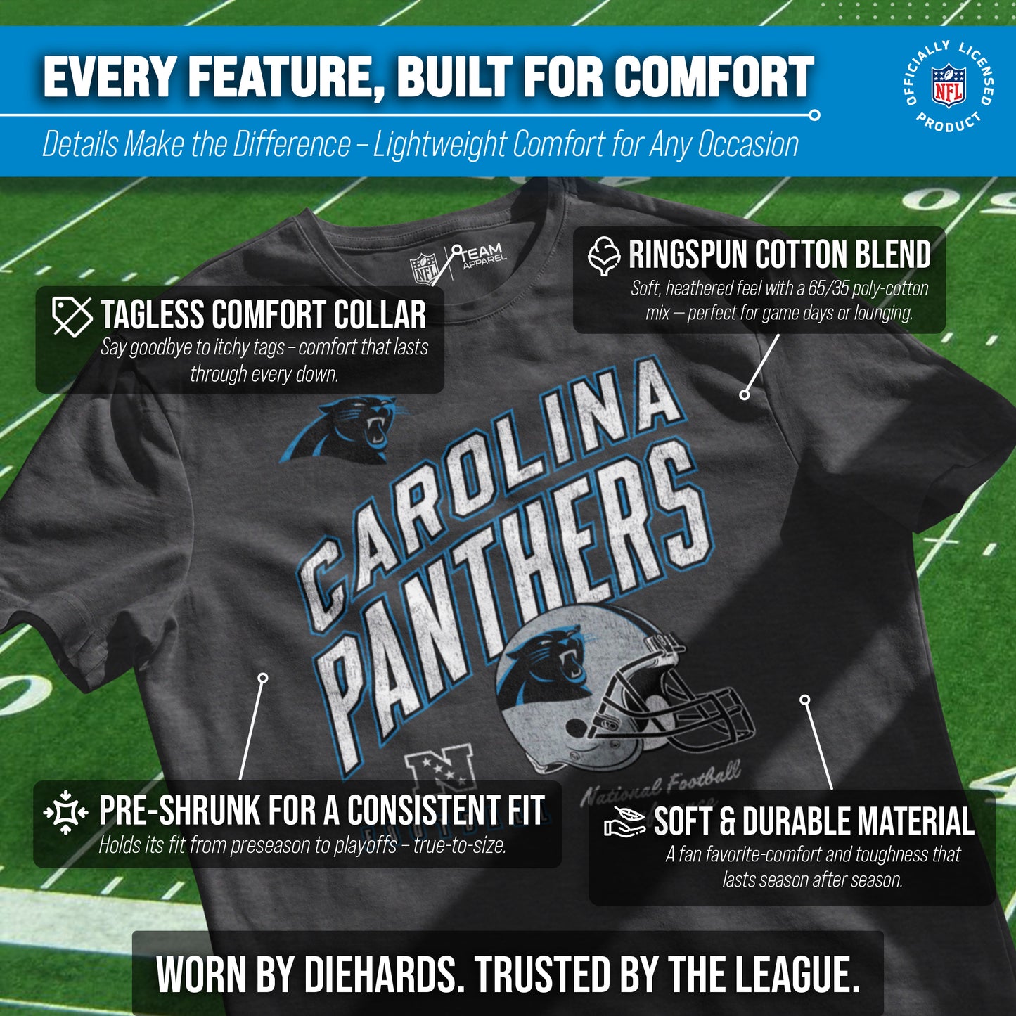 Carolina Panthers NFL Adult Distressed Helmet Tag-Less T-Shirt - Heather Charcoal