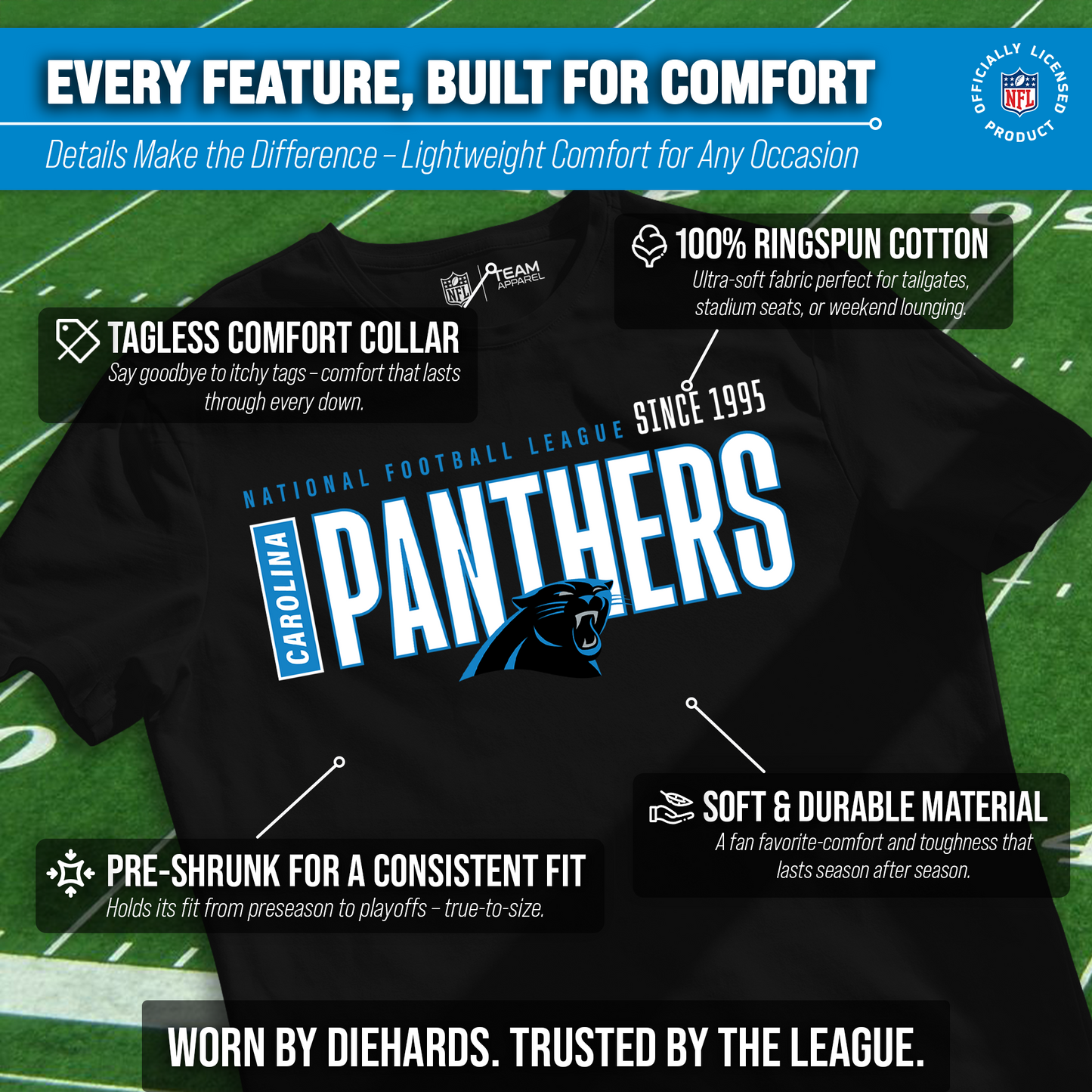 Carolina Panthers NFL Adult Modern Endzone Tag-Less T-Shirt - Black