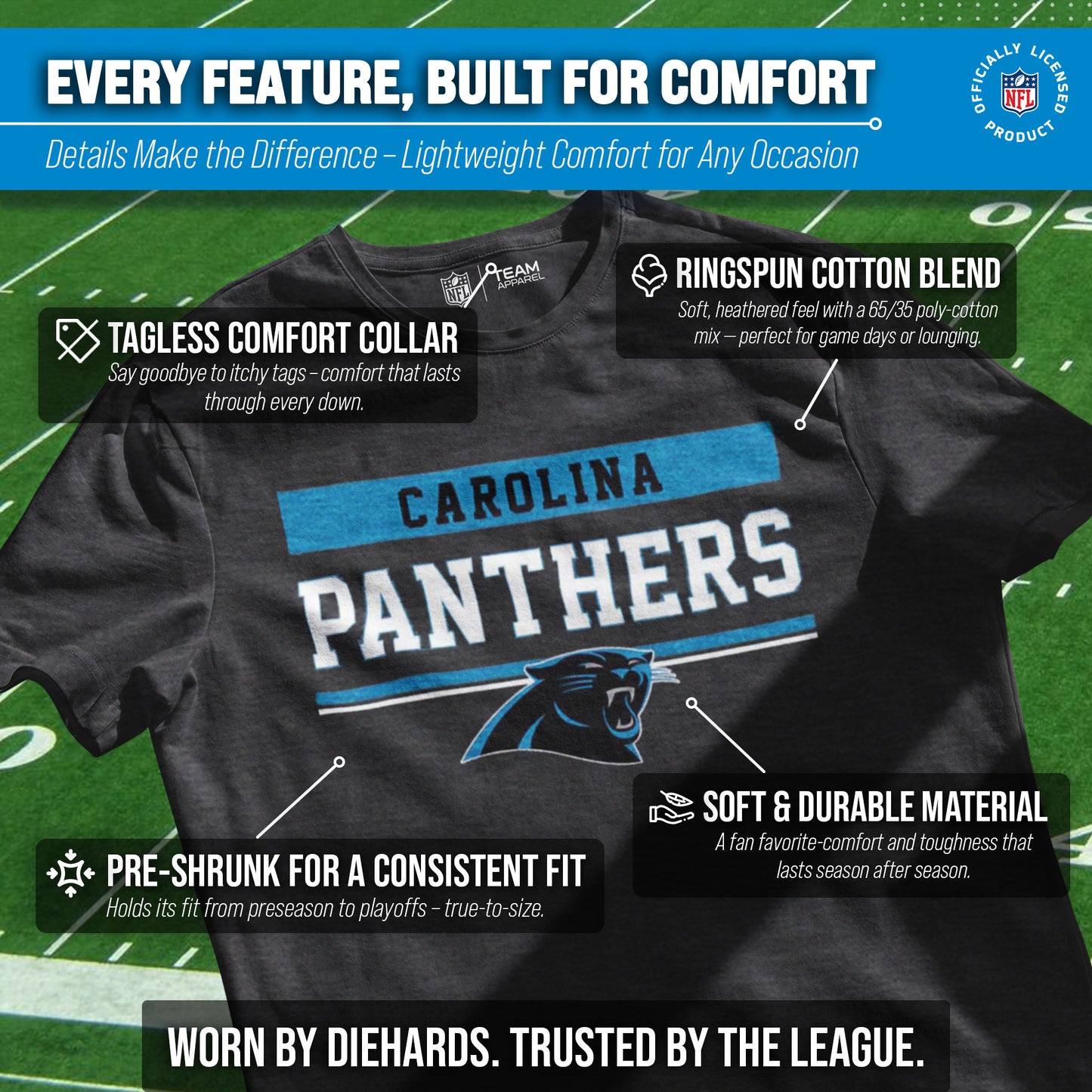 Carolina Panthers NFL Adult Team Block Tagless T-Shirt - Charcoal