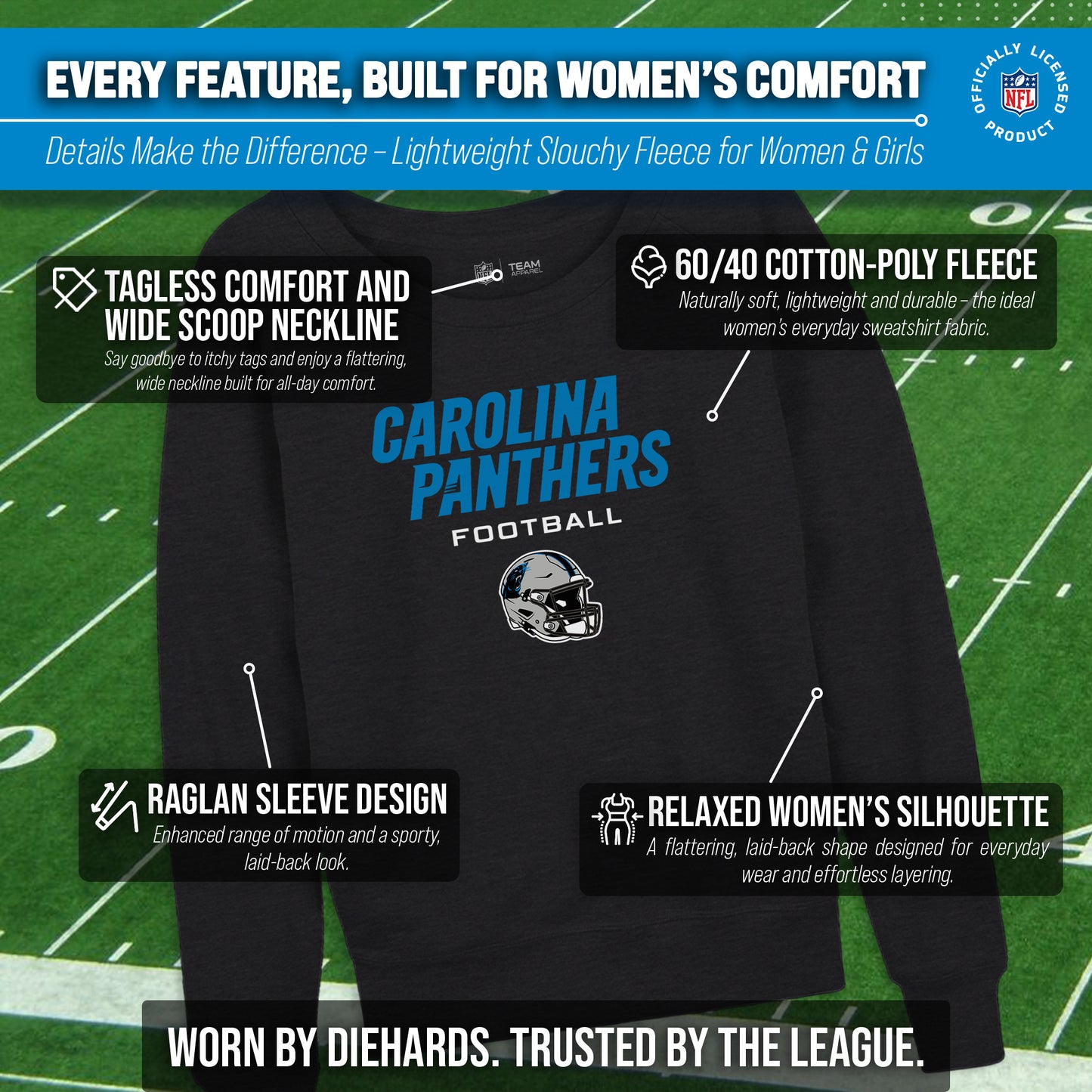 Carolina Panthers NFL Womens Helmet French Terry Slouchy Top - Charcoal