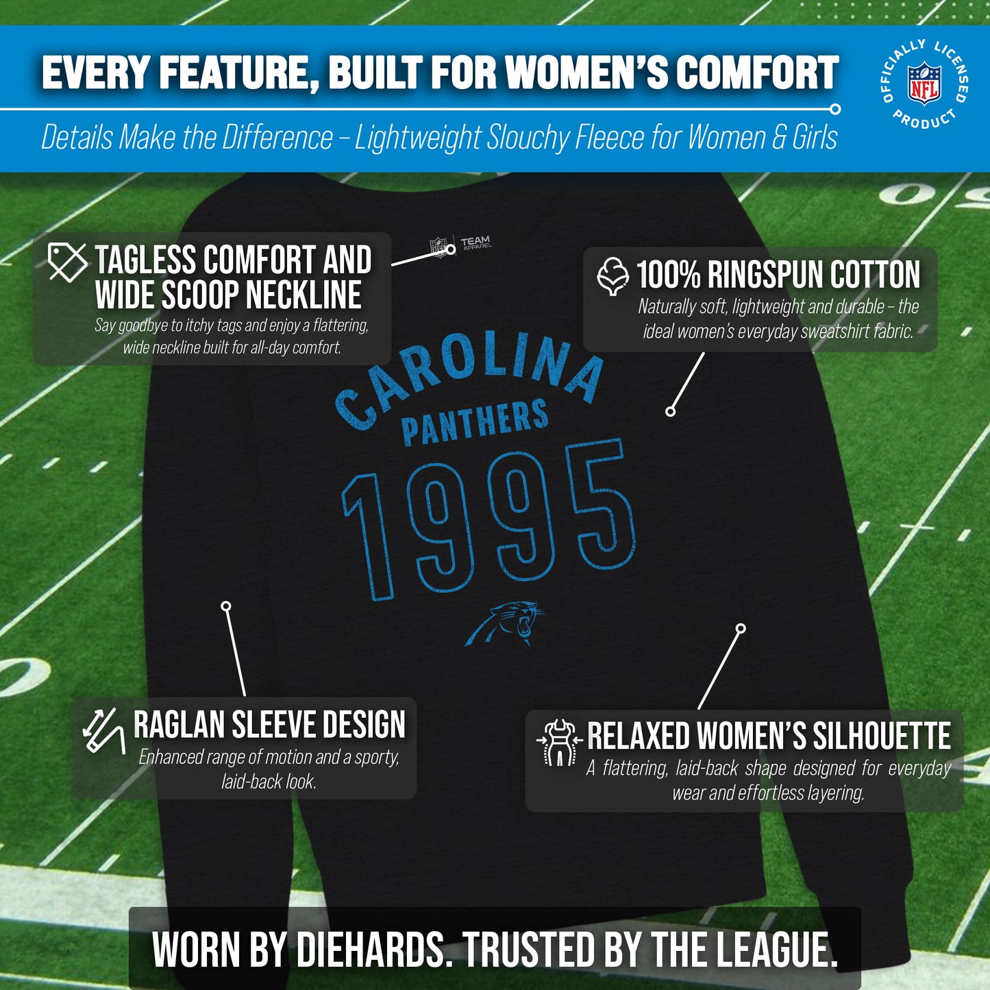 Carolina Panthers NFL Womens Big Date French Terry Slouchy Top - Black