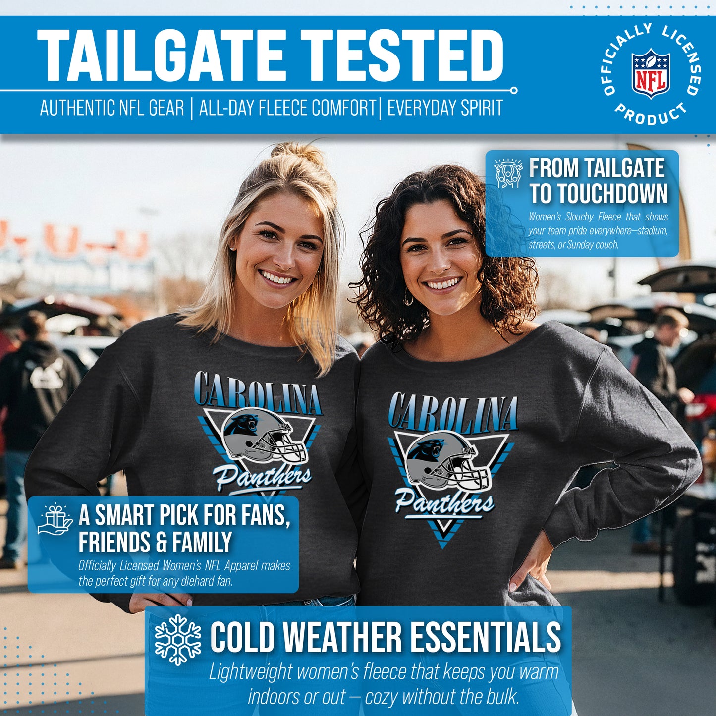Carolina Panthers NFL Womens Retro Triangle French Terry Slouchy Top- Raglan Sleeves - Heather Charcoal