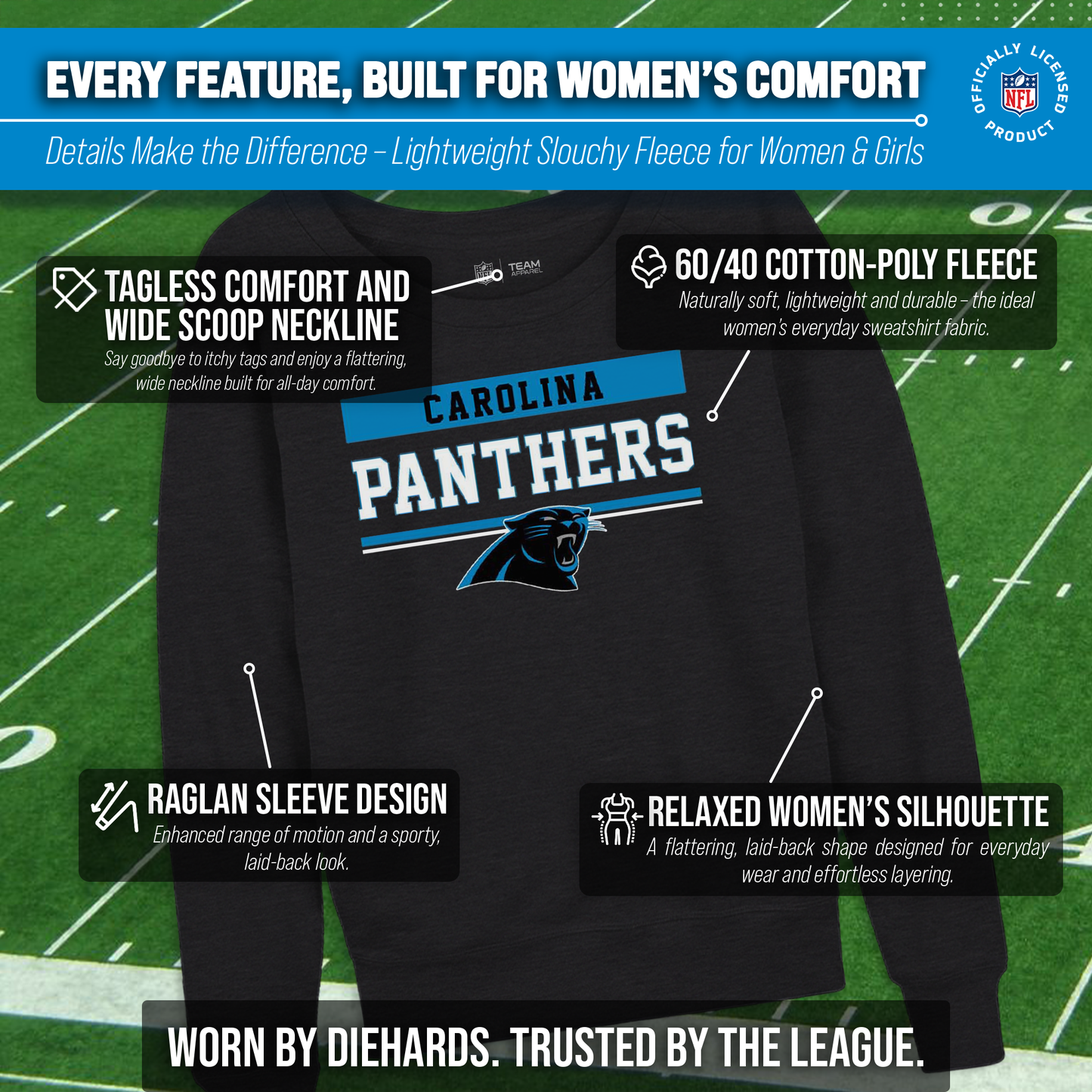 Carolina Panthers NFL Womens Team Block French Terry Slouchy Top - Charcoal