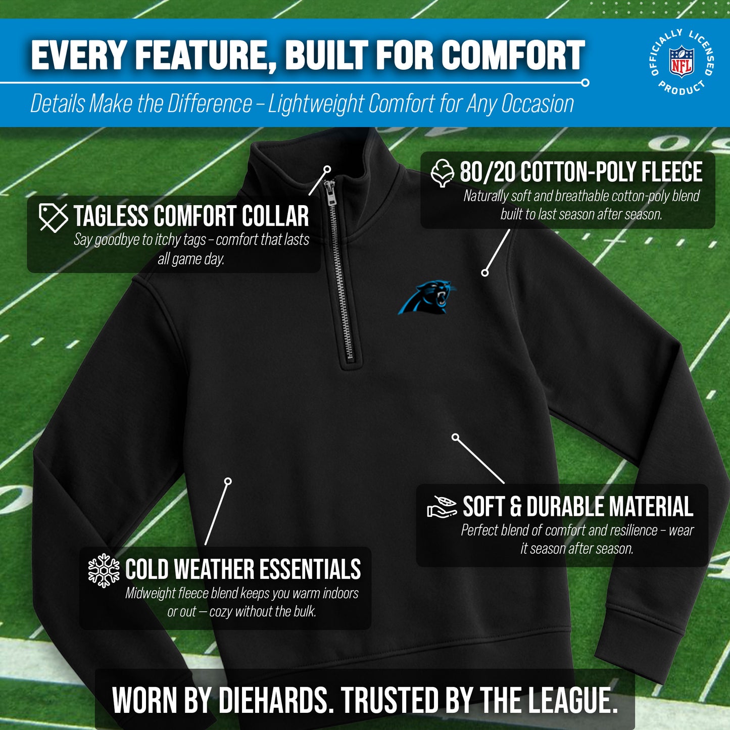 Carolina Panthers NFL Adult Unisex Team Logo Quarter Zip Pullover Sweatshirt - Black