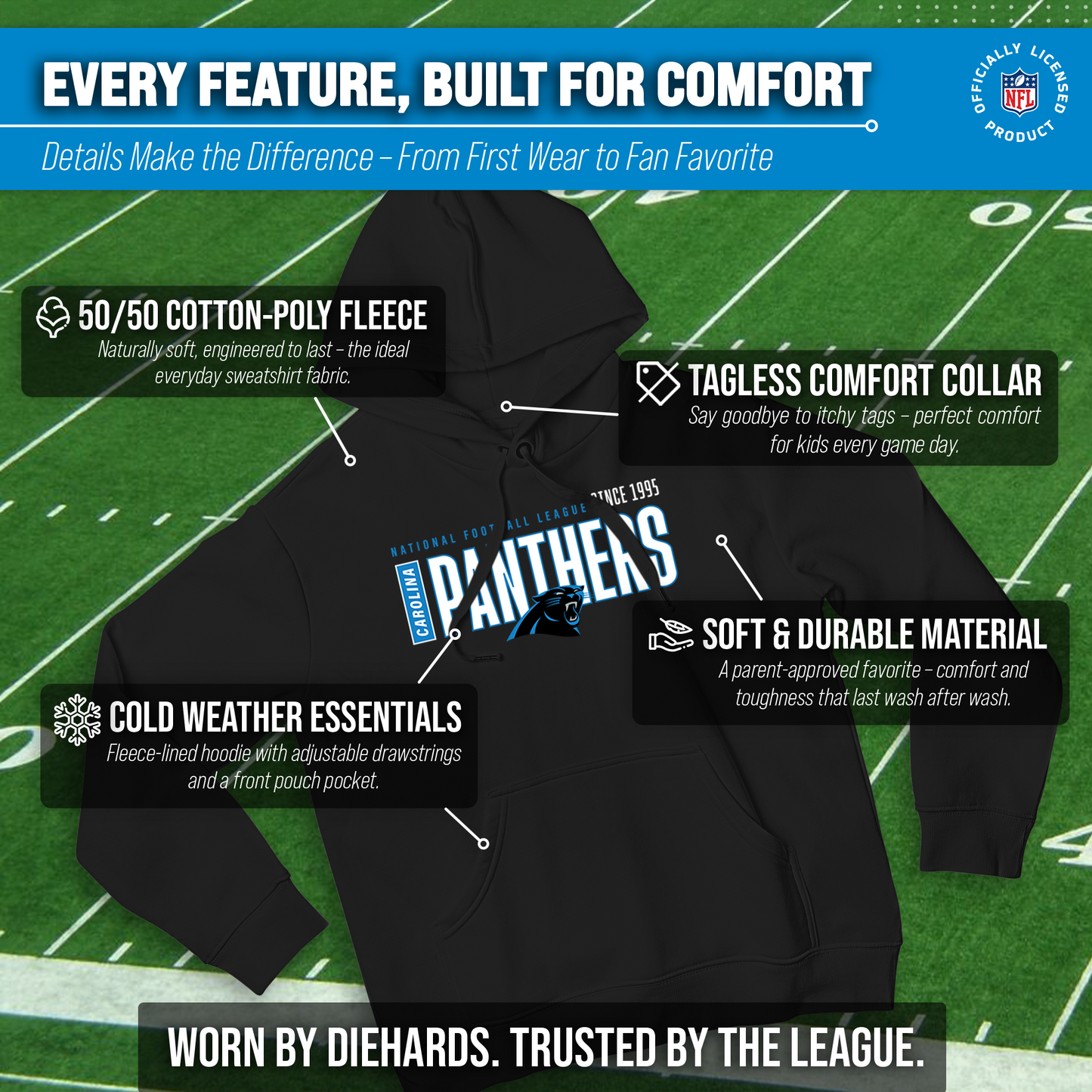 Carolina Panthers NFL Adult Unisex Modern Endzone Soft Fleece Hooded Sweatshirt - Black