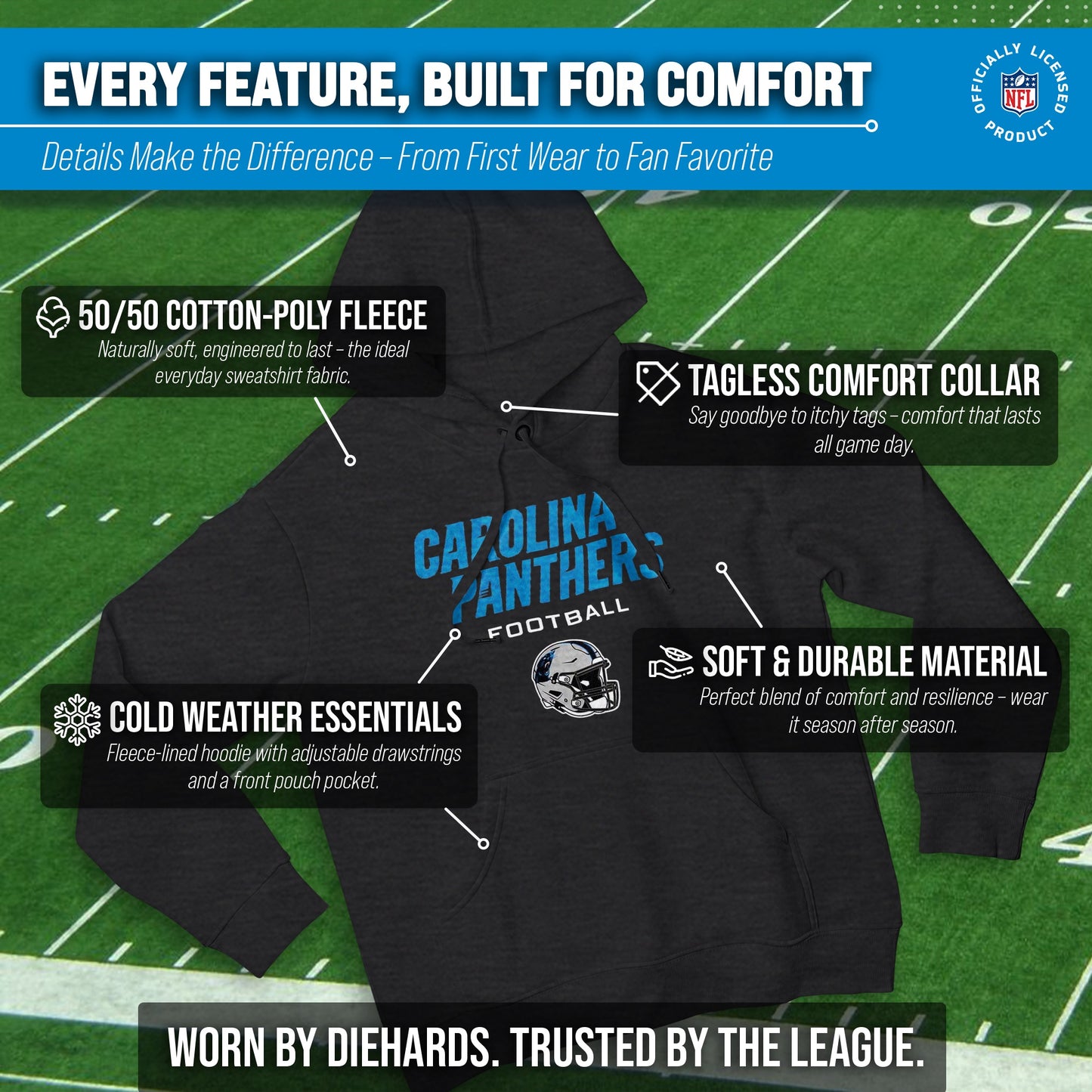 Carolina Panthers Adult NFL Football Helmet Heather Hooded Sweatshirt  - Charcoal