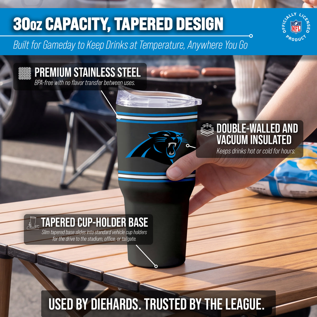 Carolina Panthers  30 oz Stripe Powder Coat Tumbler | NFL Stainless - Black