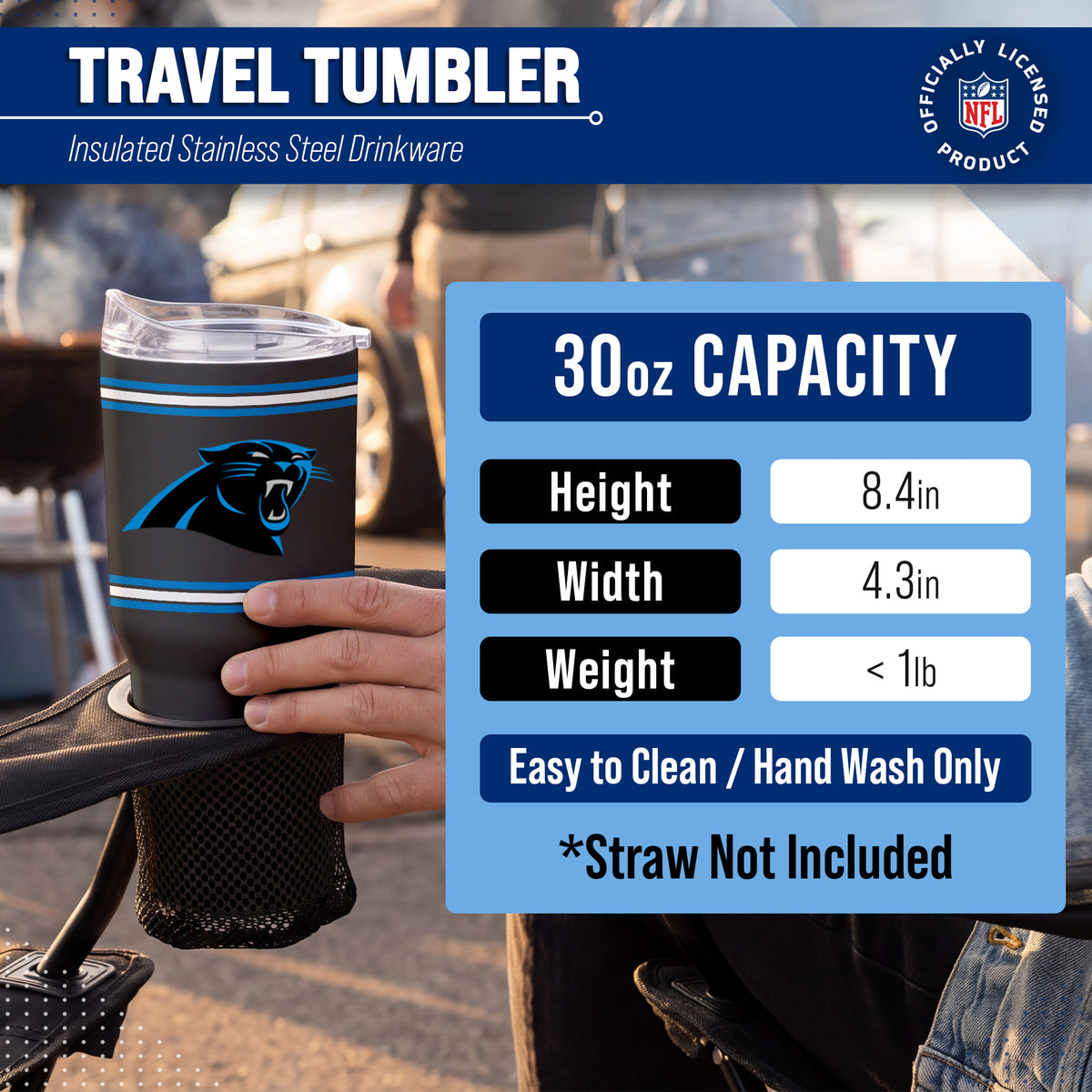 Carolina Panthers  30 oz Stripe Powder Coat Tumbler | NFL Stainless - Black