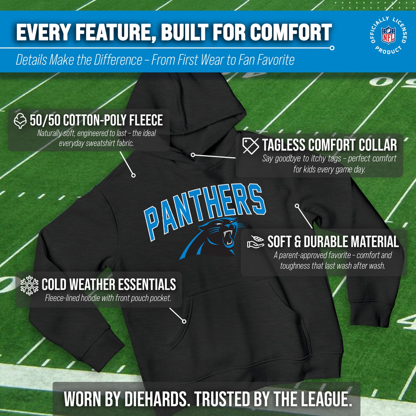 Carolina Panthers NFL Youth Home Team Hoodie- Kids Hooded Sweatshirt - Black