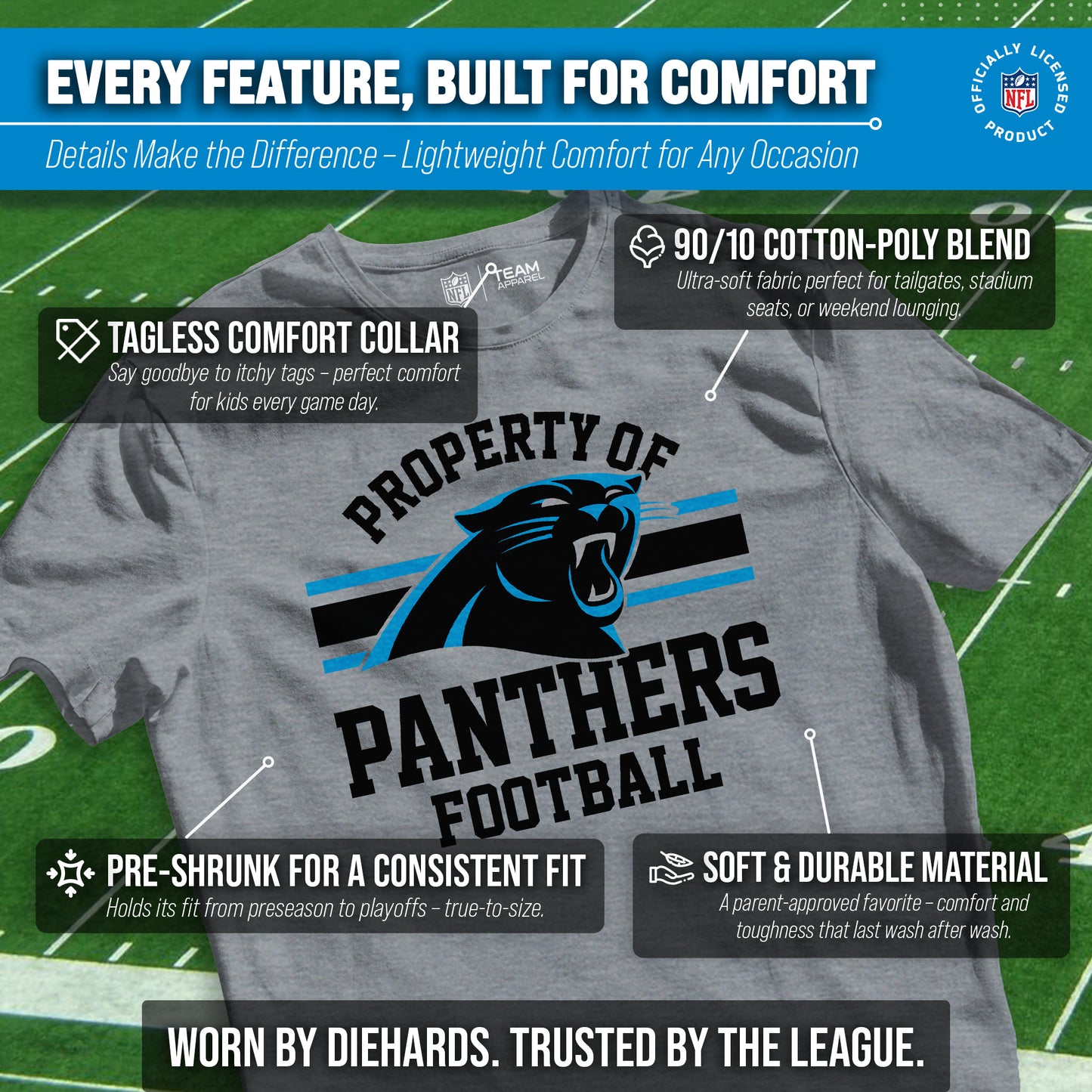 Carolina Panthers NFL Youth Property Of Short Sleeve Lightweight T Shirt - Sport Gray