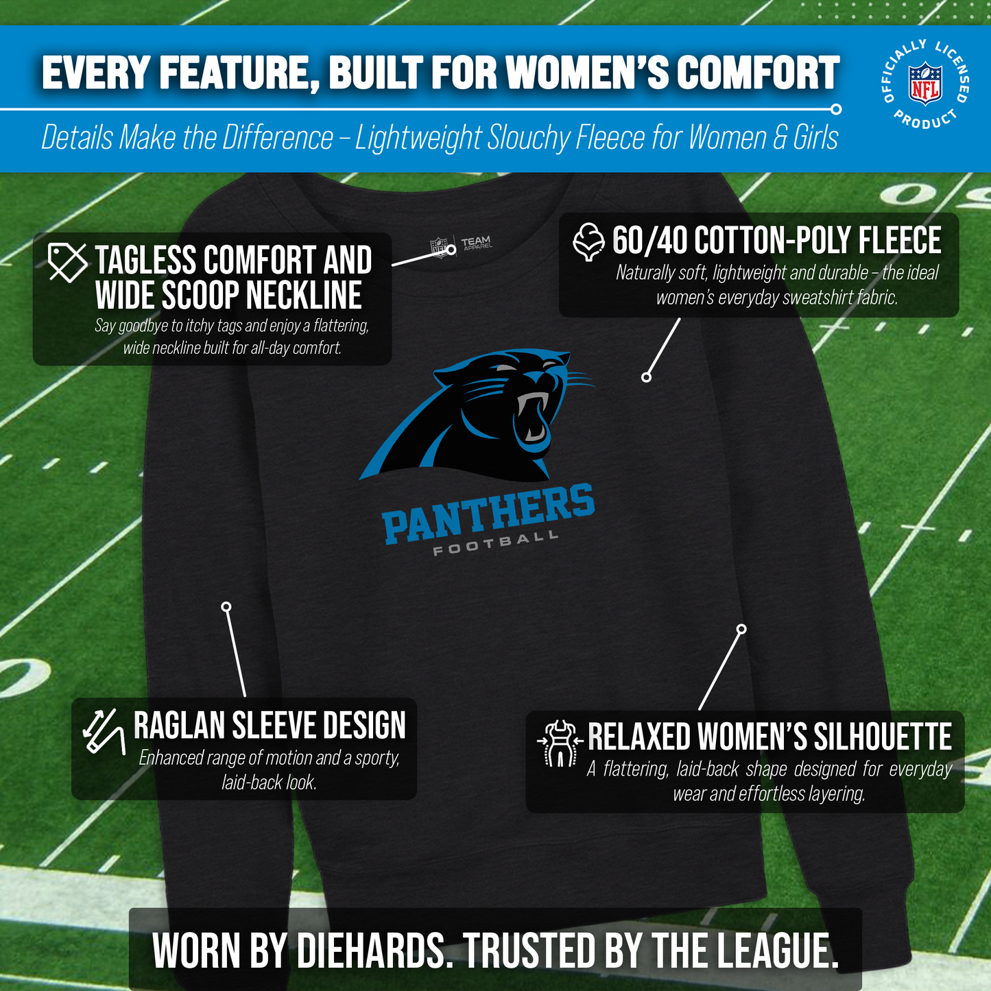 Carolina Panthers NFL Womens Ultimate Fan French Terry Slouchy Top- Raglan Sleeves - Charcoal