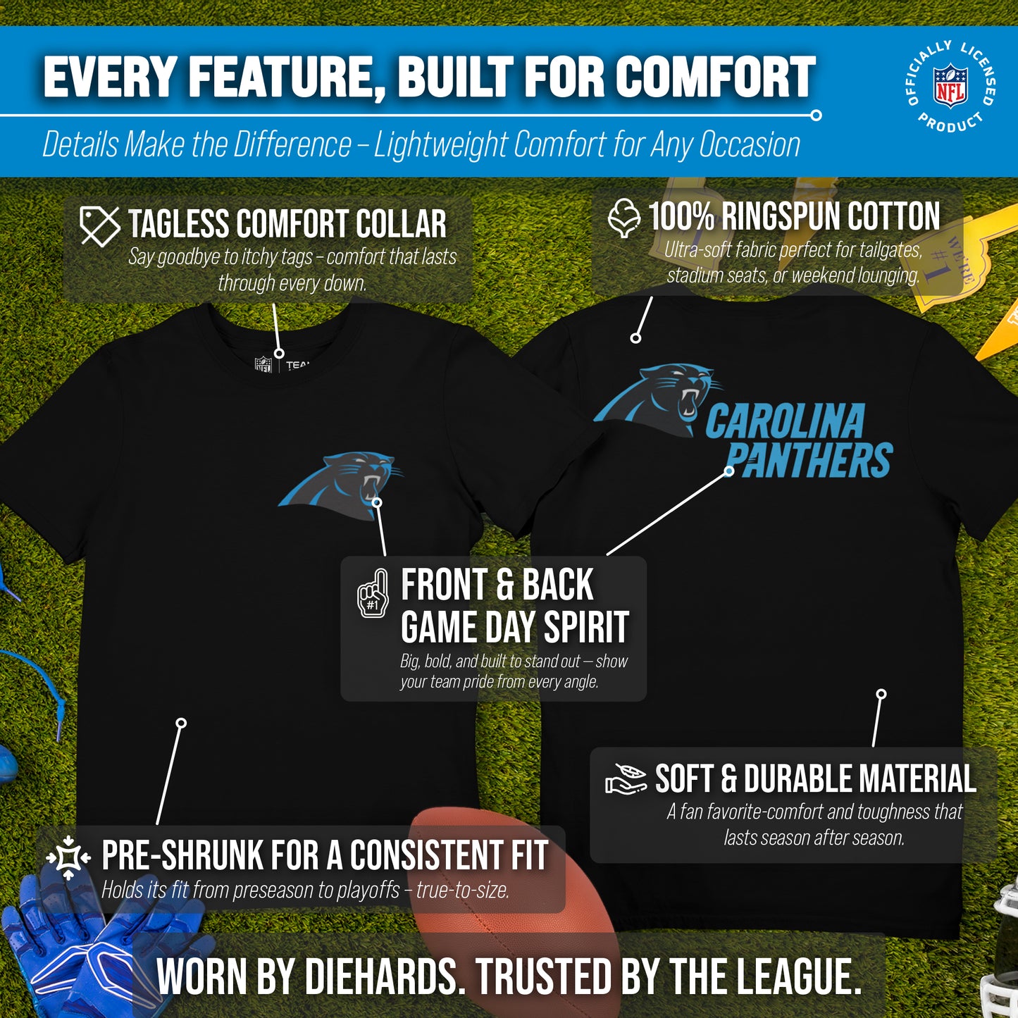 Carolina Panthers NFL Pro Football Final Countdown Adult Cotton-Poly Short Sleeved T-Shirt For Men & Women - Black