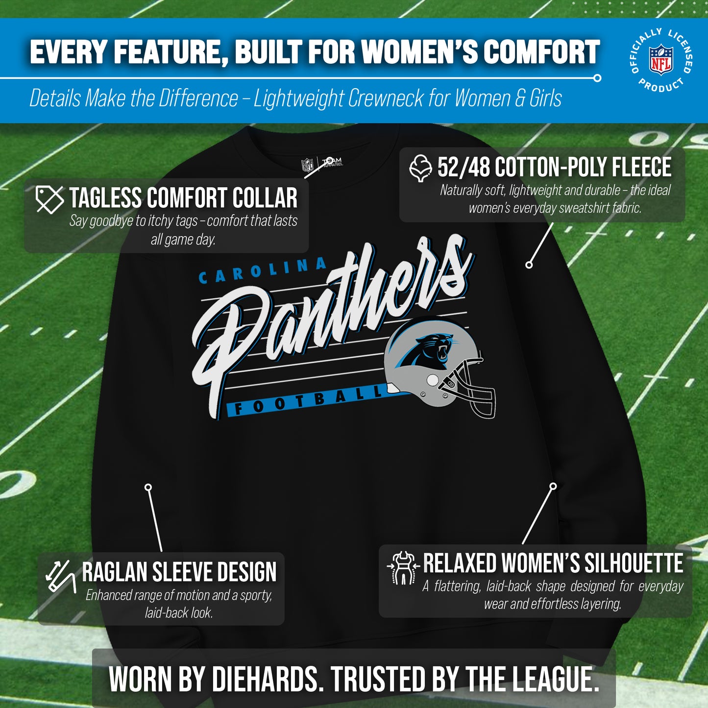 Carolina Panthers Womens NFL Scrimmage Line Crewneck Pullover - Black