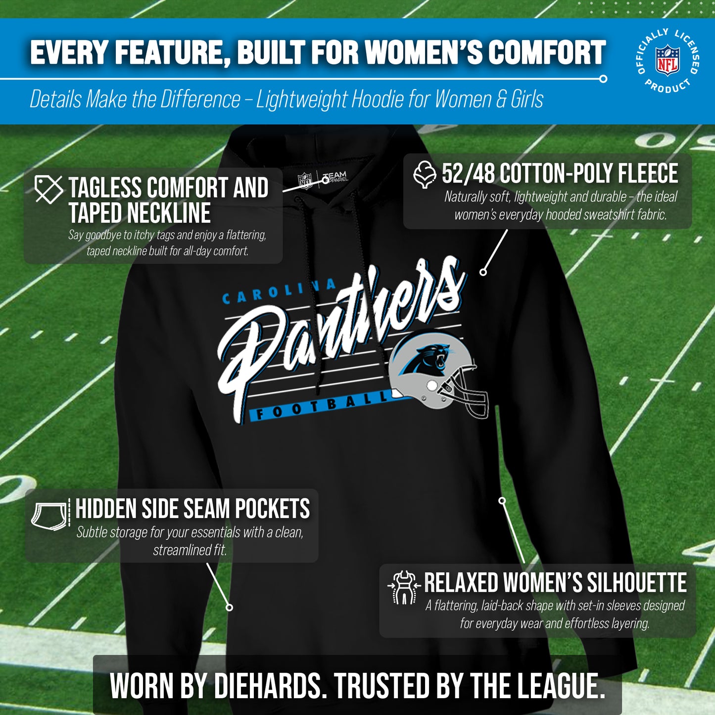 Carolina Panthers Ladies NFL Scrimmage Line Fleece Pullover Hooded Sweatshirt - Black