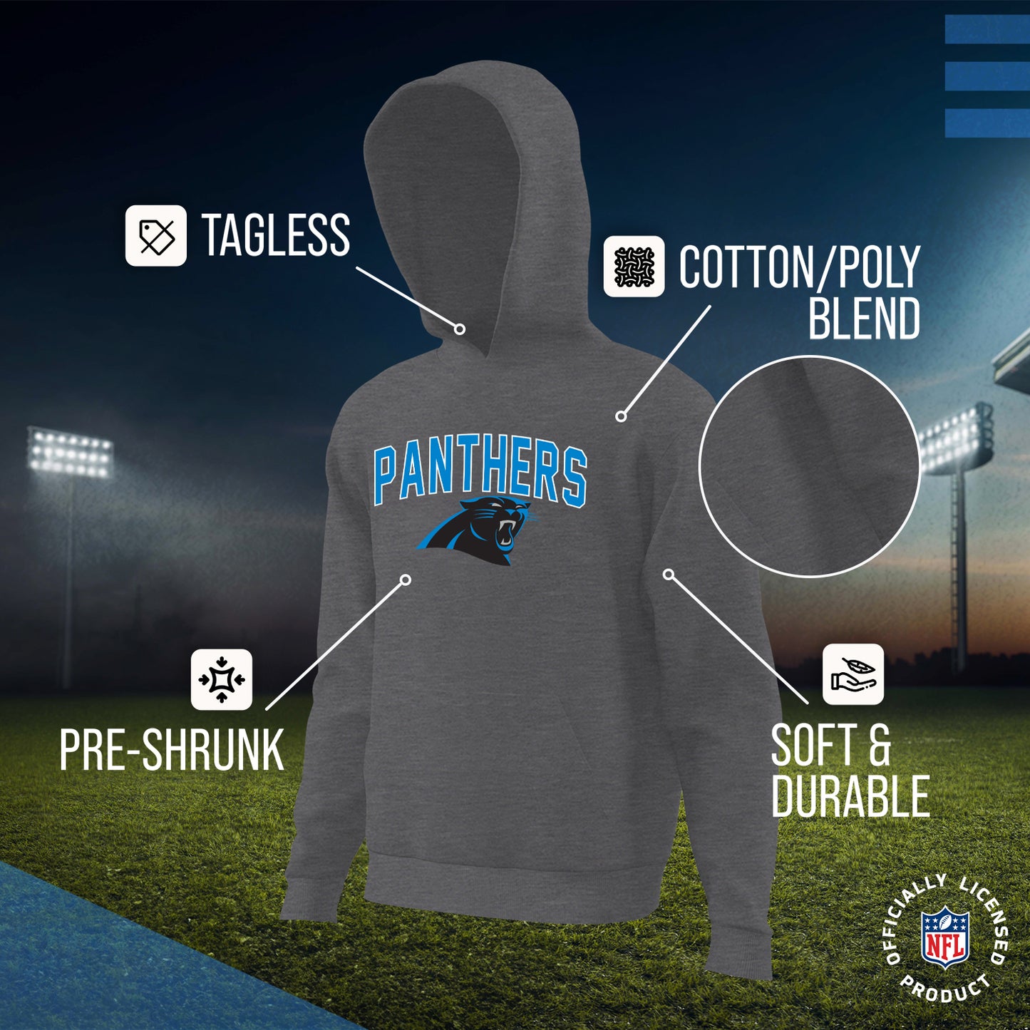 Carolina Panthers NFL Youth Home Team Hoodie- Kids Hooded Sweatshirt - Sport Gray
