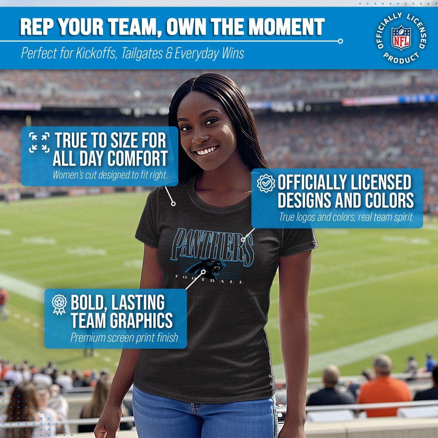 Carolina Panthers NFL Womens Overtime Blueprint Tag-Less T-Shirt - Black