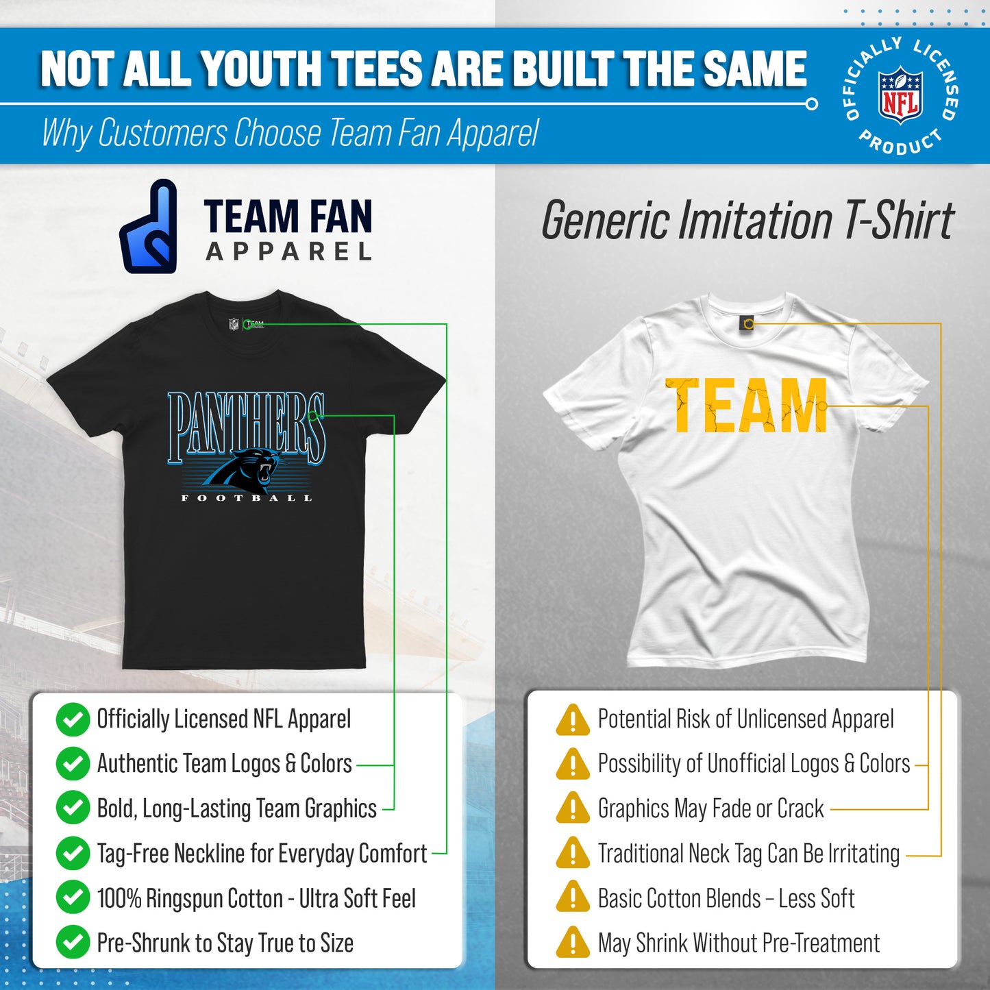Carolina Panthers NFL Youth Overtime Blueprint Football T-Shirt Unisex Tag Free Comfortable - Black