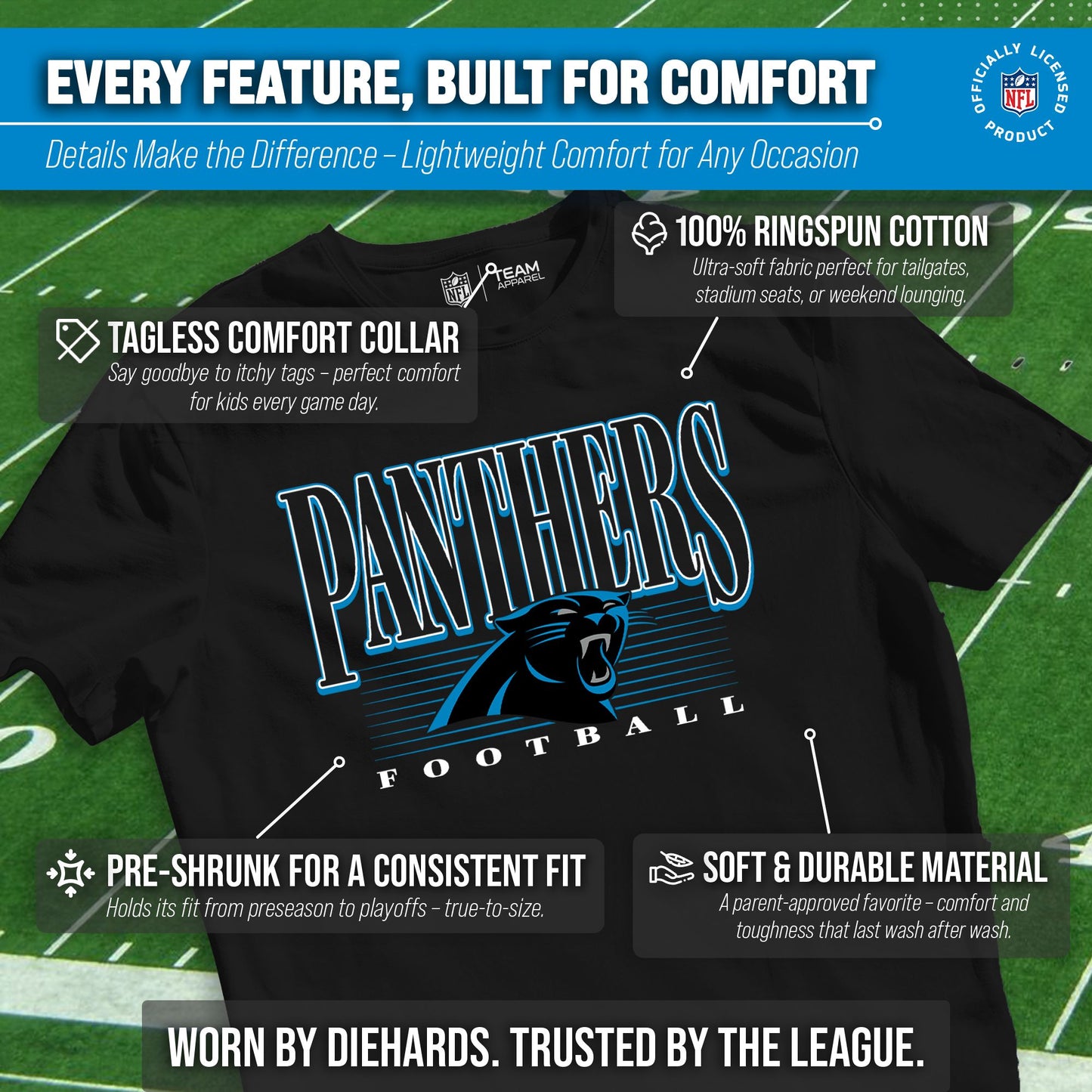 Carolina Panthers NFL Youth Overtime Blueprint Football T-Shirt Unisex Tag Free Comfortable - Black