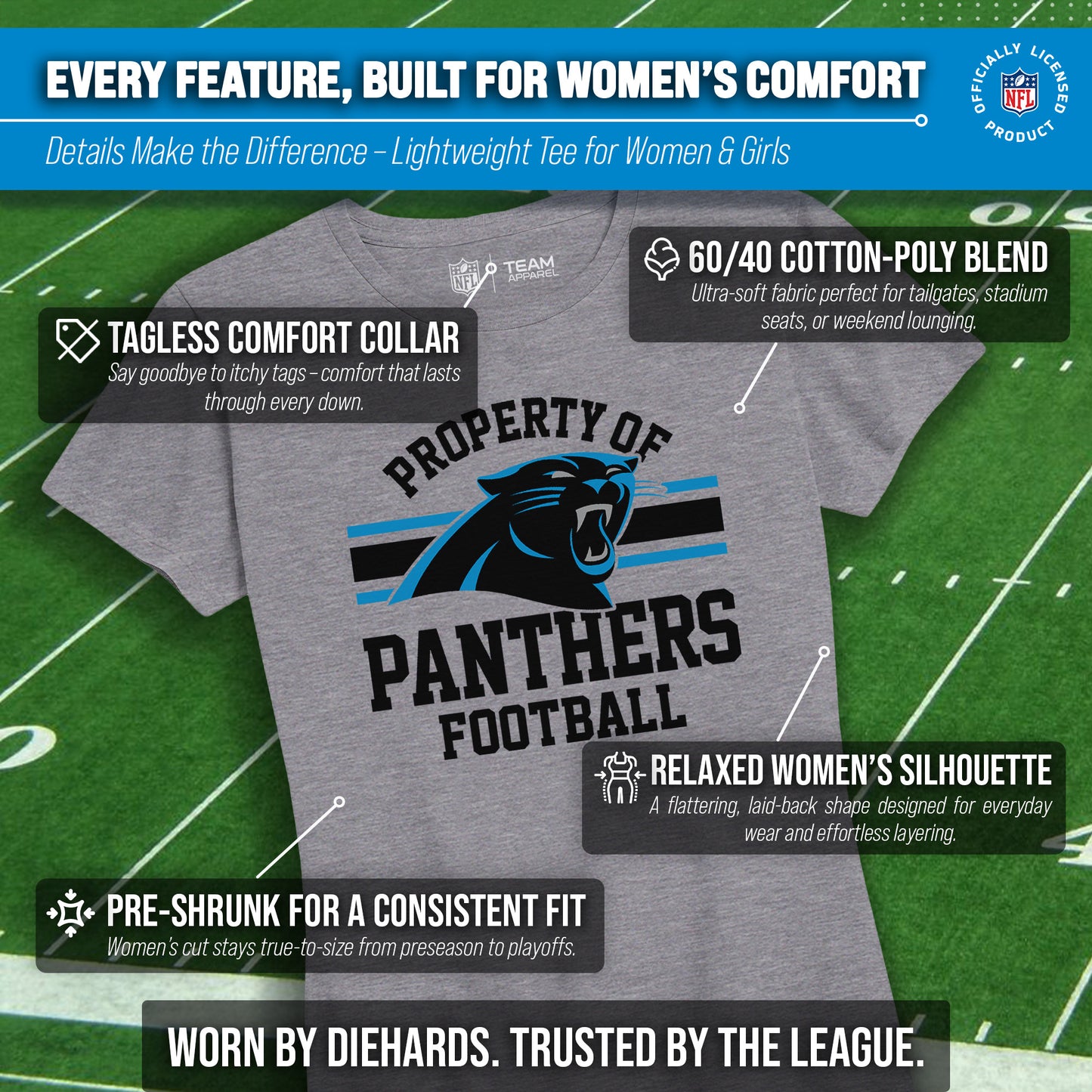 Carolina Panthers NFL Womens Short Sleeve Property of Tshirt - Gray