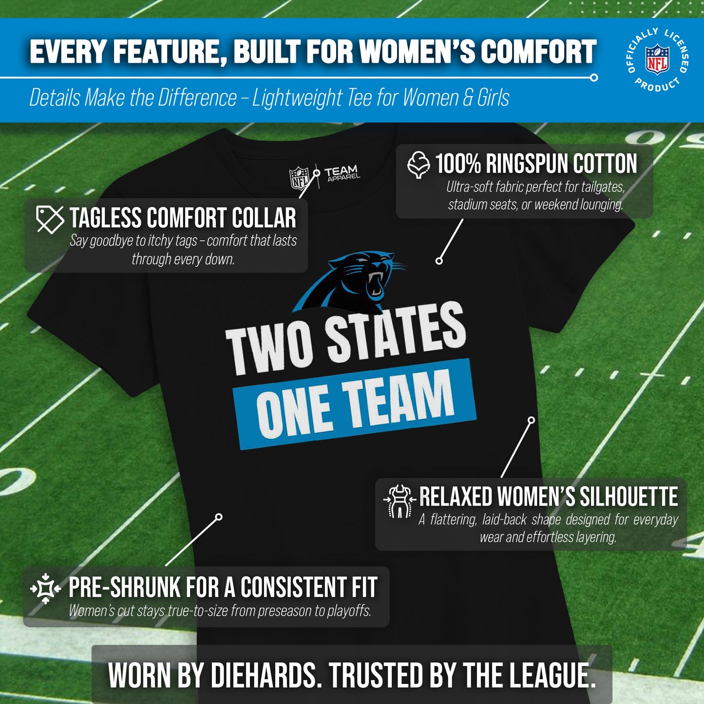 Carolina Panthers NFL Womens Team Slogan Short Sleeve Tshirt - Black