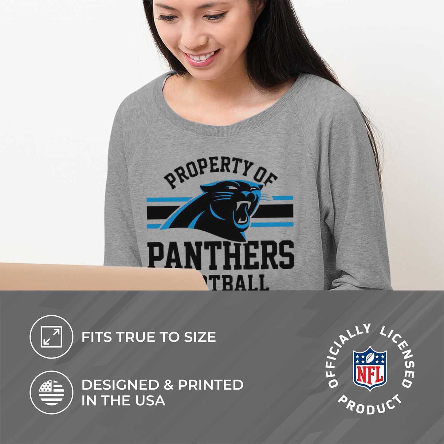 Carolina Panthers NFL Womens Property of Lighweight Crew Neck - Sport Gray