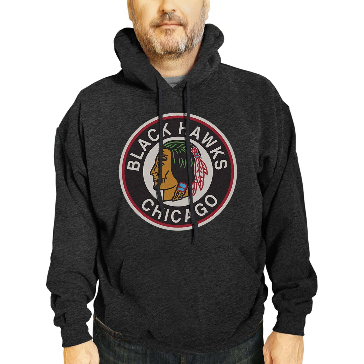 Chicago Blackhawks Adult NHL Retro Logo Hockey Fleece Hooded Sweatshirt - Black Heather