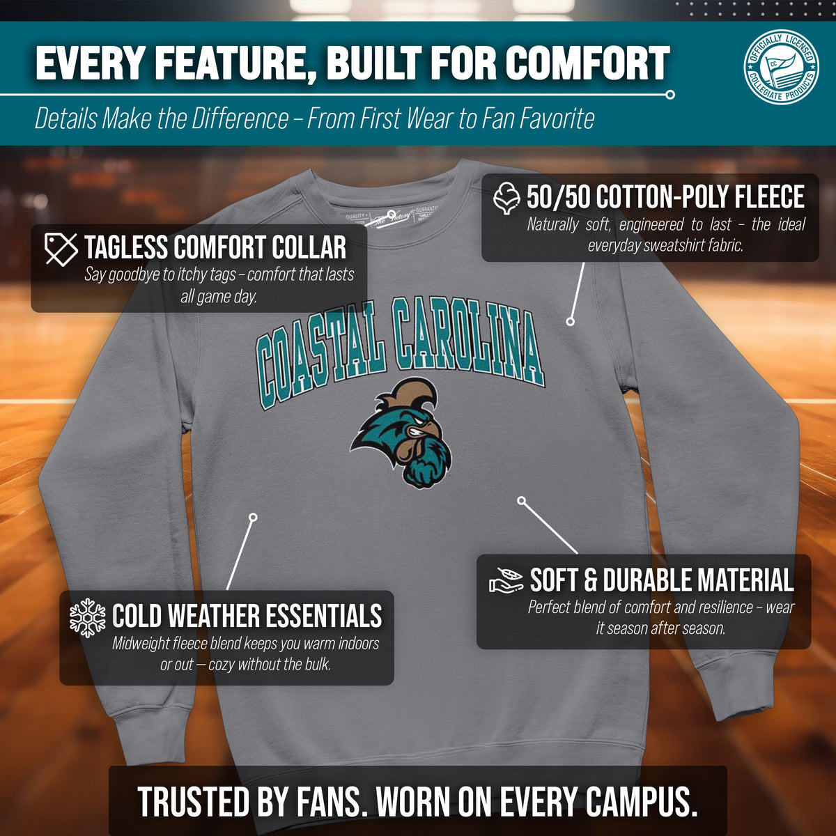 Coastal Carolina Chanticleers Adult Arch & Logo Soft Style Gameday Crewneck Sweatshirt - Graphite