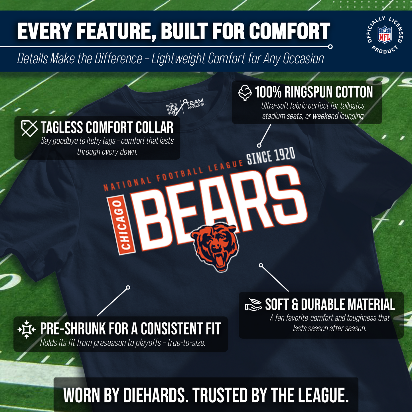 Chicago Bears NFL Youth Modern Endzone Football T-Shirt Unisex Tag Free Comfortable - Navy