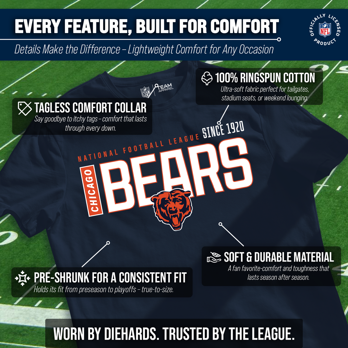 Chicago Bears  Modern Zone T-Shirt Men Women Officially Licensed NFL - Navy