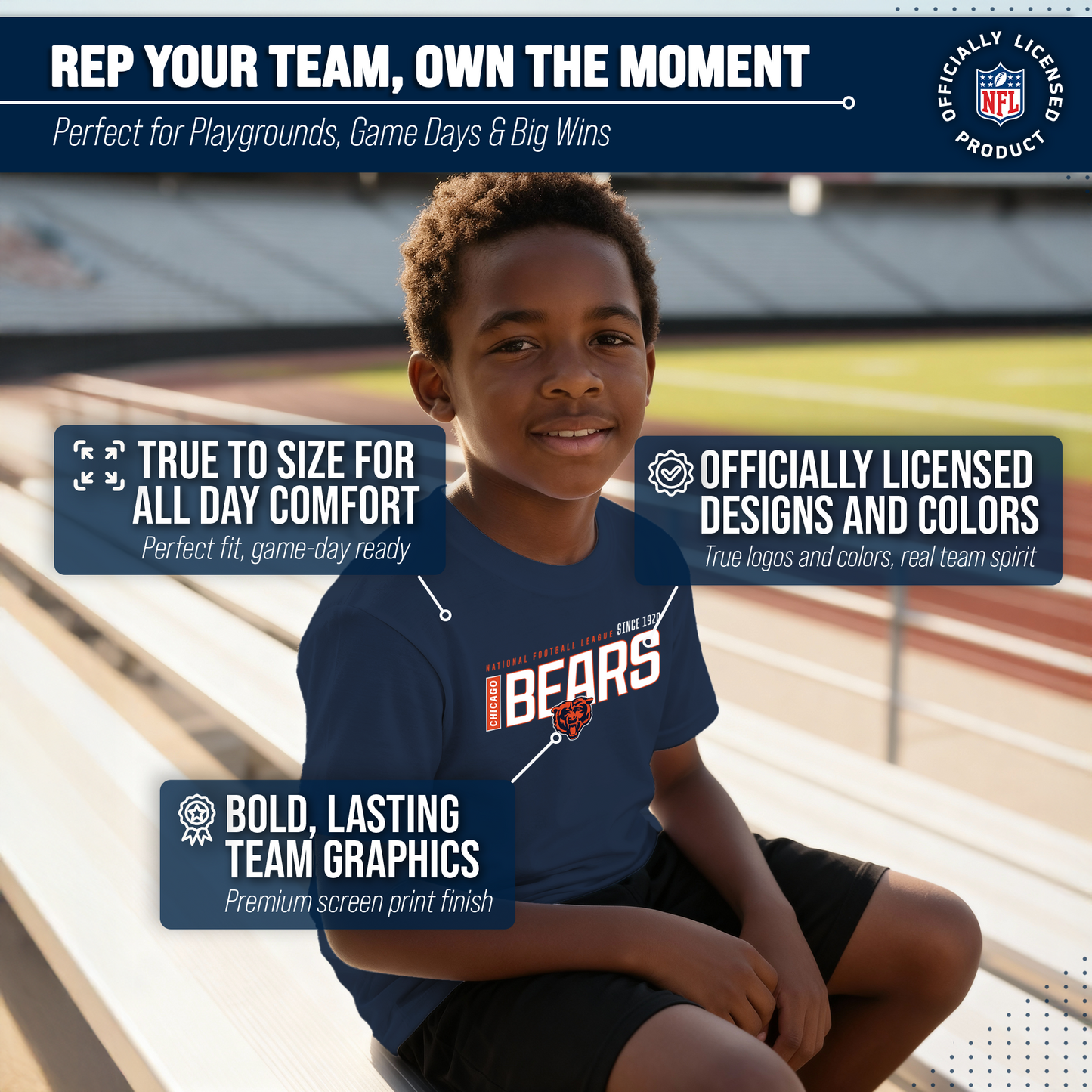 Chicago Bears NFL Youth Modern Endzone Football T-Shirt Unisex Tag Free Comfortable - Navy