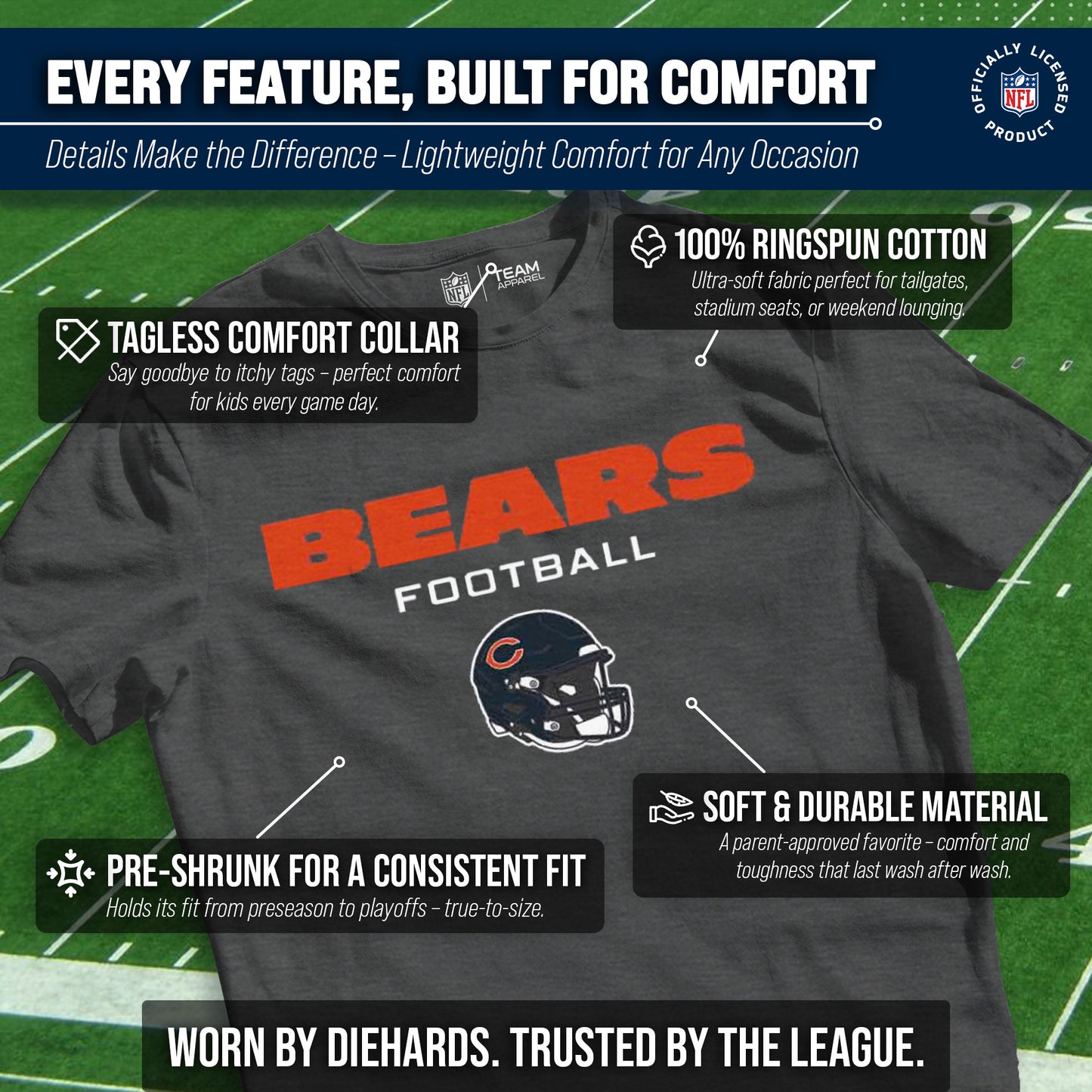 Chicago Bears NFL Youth Football Helmet Tagless T-Shirt - Charcoal