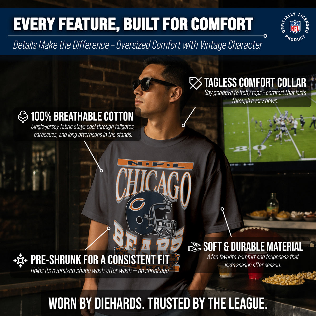Chicago Bears  NFL Franchise Oversized Cotton Tee Men Fan Short Sleeve - Black