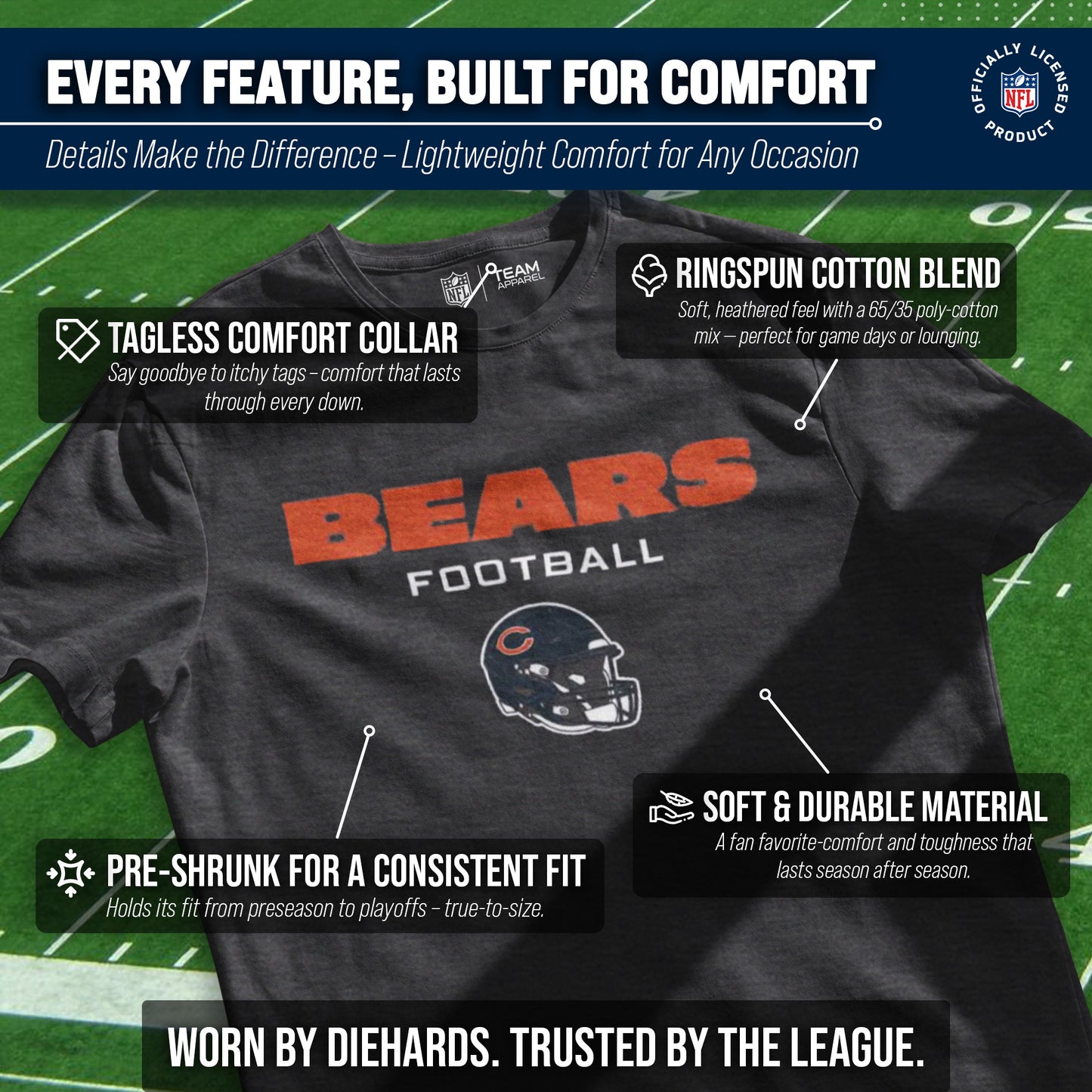 Chicago Bears NFL Adult Football Helmet Tagless T-Shirt - Charcoal