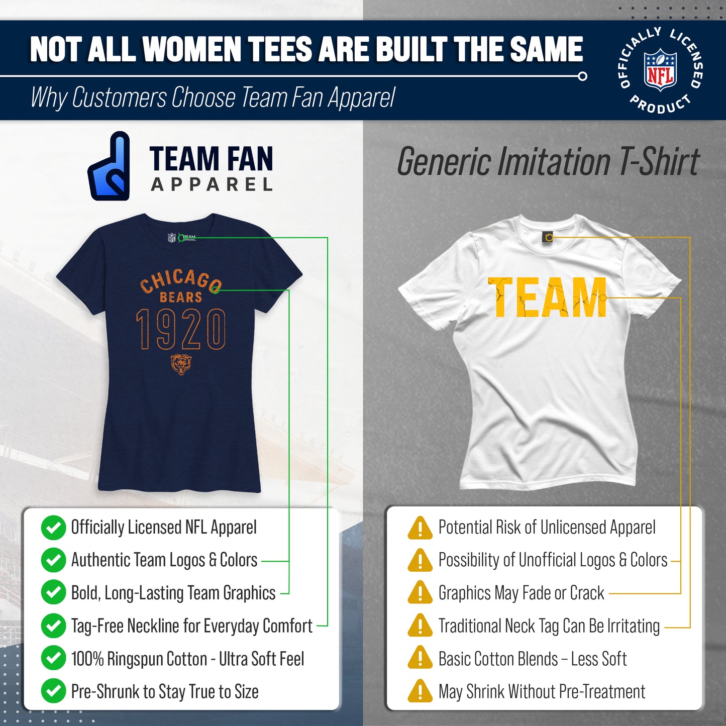 Chicago Bears NFL Womens Big Date Tag-Less T-Shirt - Navy