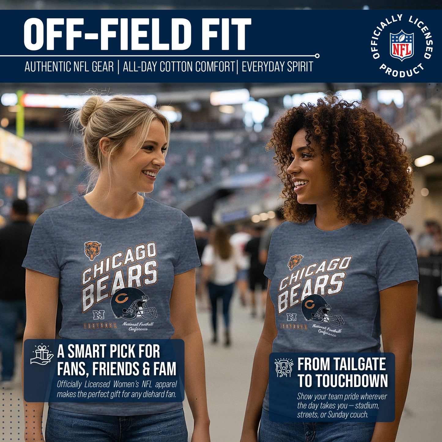 Chicago Bears NFL Womens Distressed Helmet Tag-Less Soft T-Shirt - Blue Heather