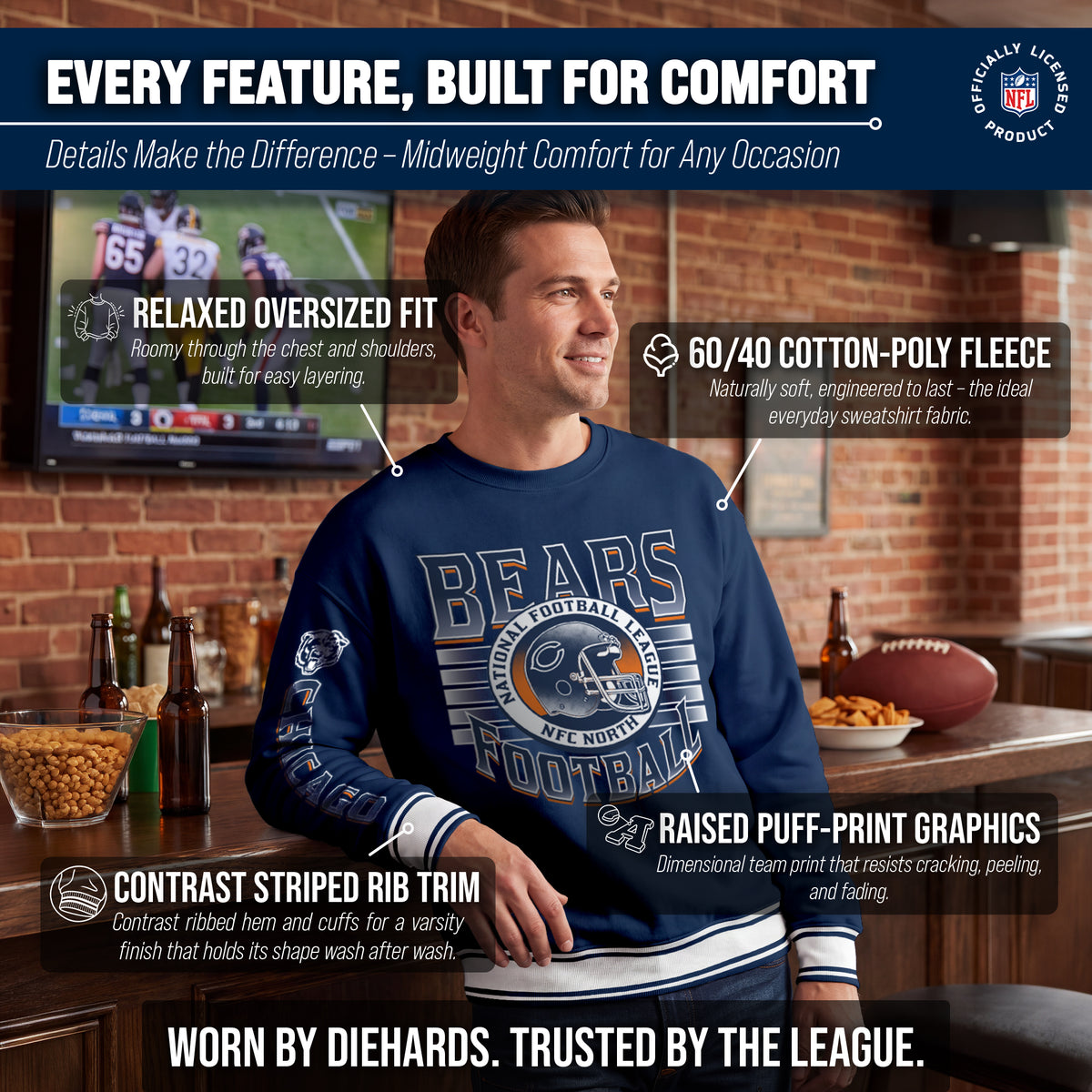 Chicago Bears NFL Men's Franchise Striped Rib Oversized Crewneck - Navy