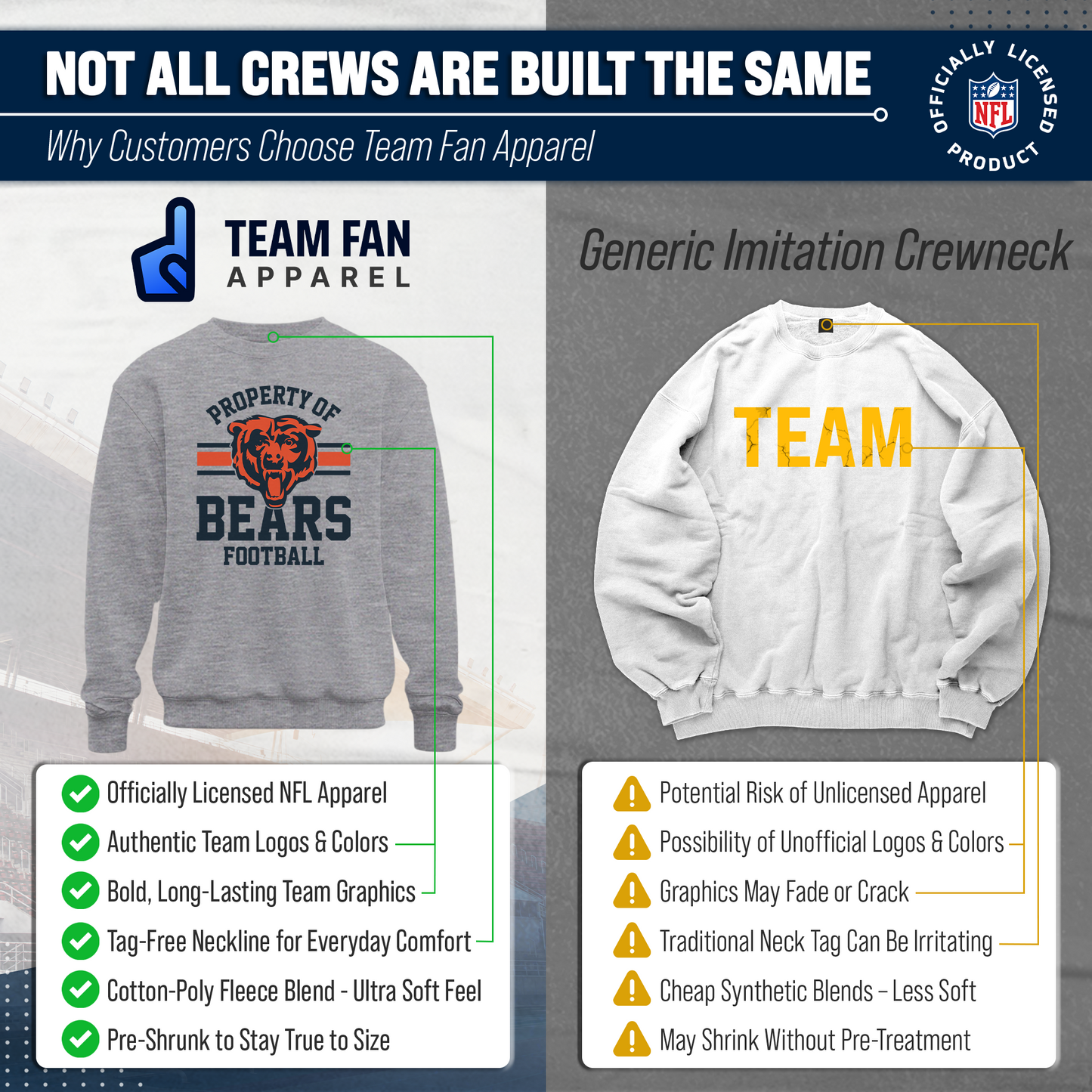 Chicago Bears NFL Adult Property Of Crewneck Fleece Sweatshirt - Sport Gray