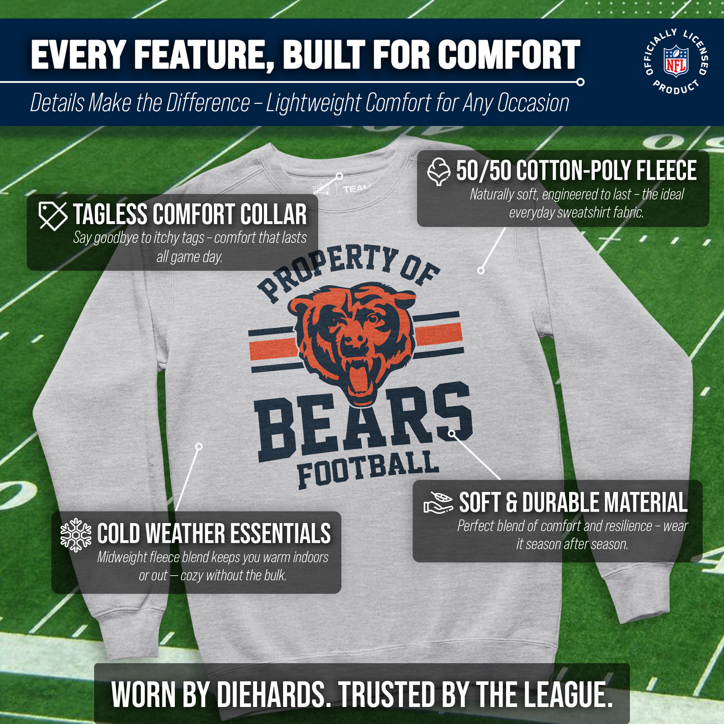 Chicago Bears NFL Adult Property Of Crewneck Fleece Sweatshirt - Sport Gray