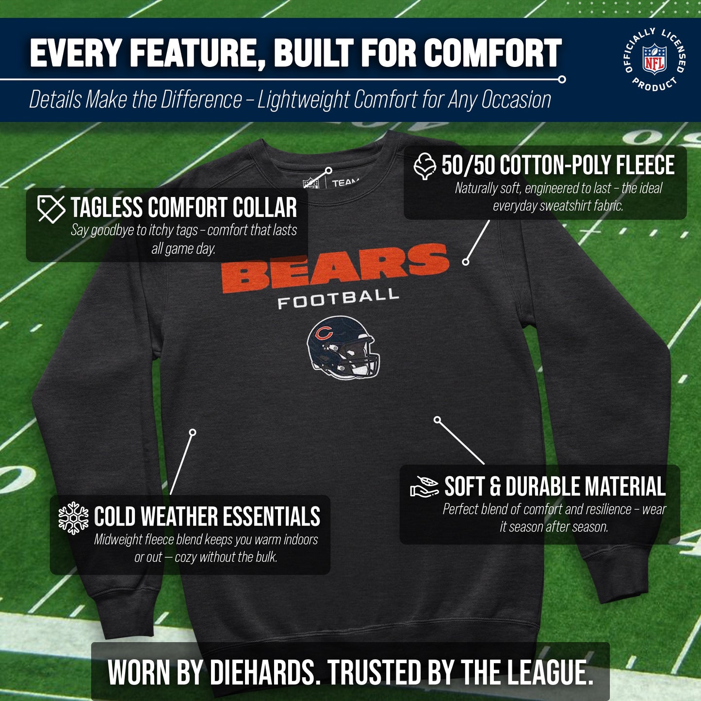 Chicago Bears Adult NFL Football Helmet Heather Crewneck Sweatshirt - Charcoal