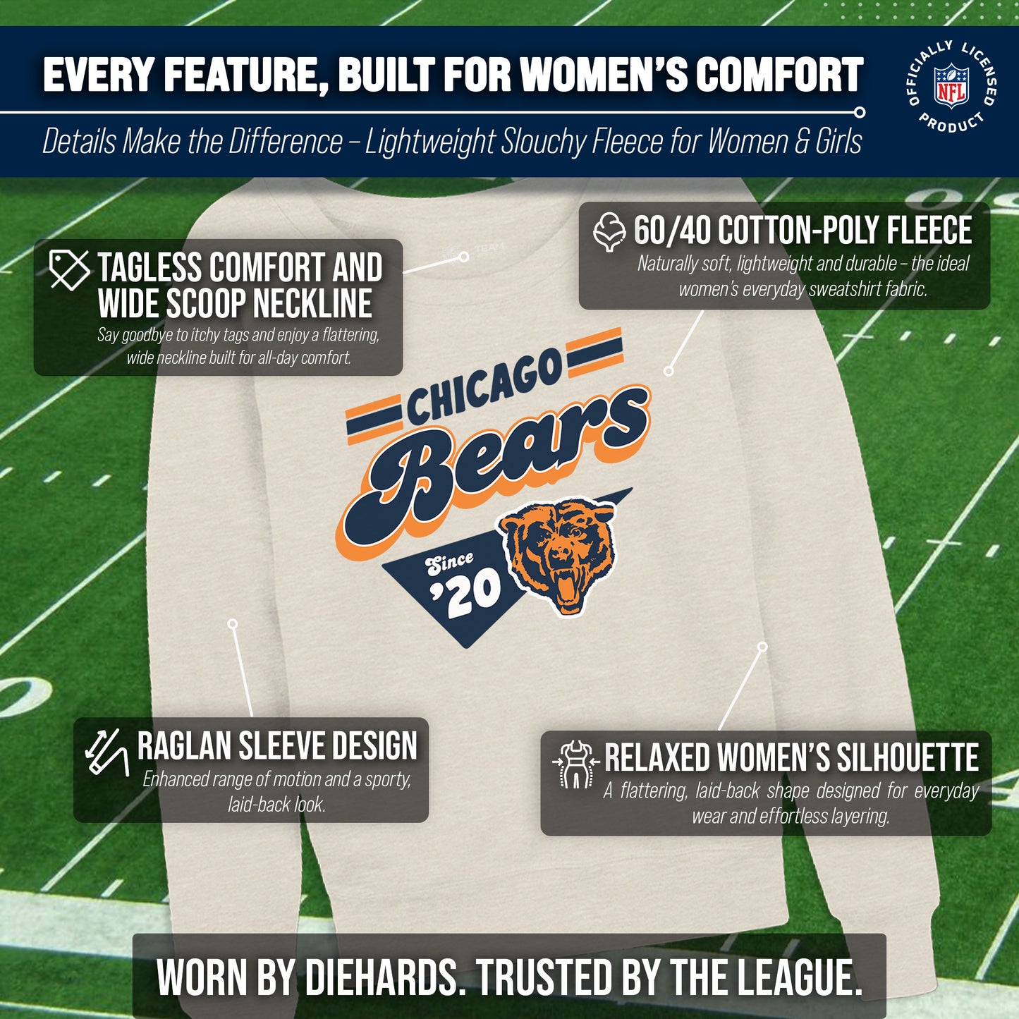 Chicago Bears NFL Womens Vintage Charm French Terry Slouchy Top - Birch