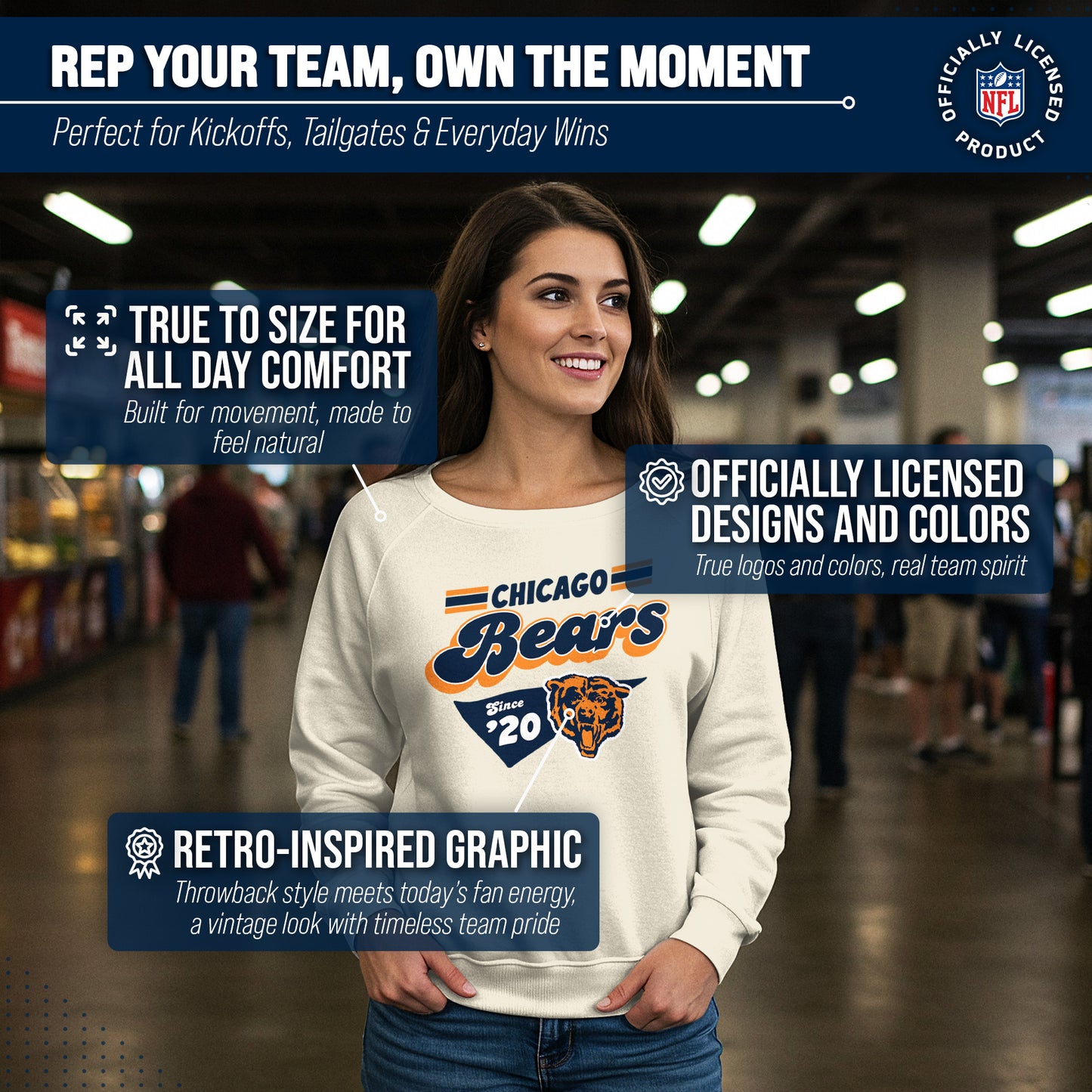Chicago Bears NFL Womens Vintage Charm French Terry Slouchy Top - Birch