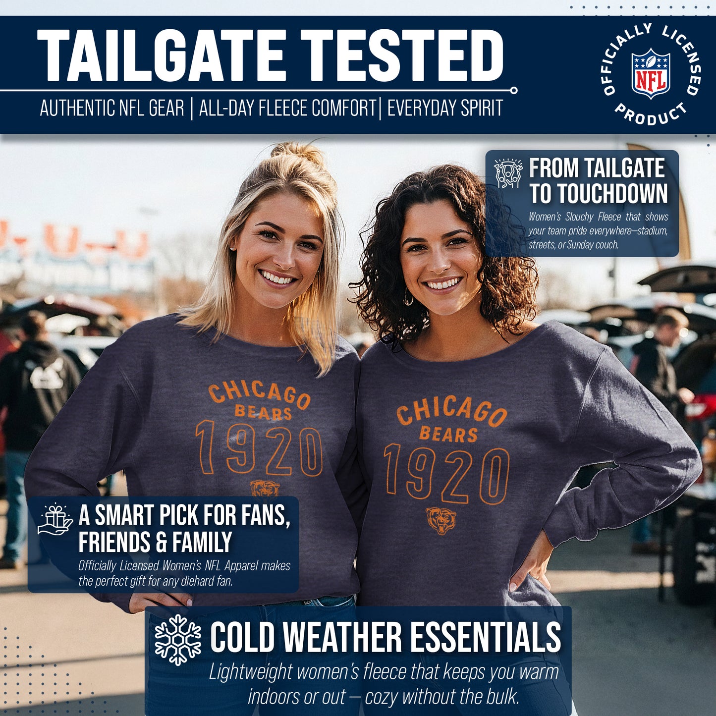 Chicago Bears NFL Womens Big Date French Terry Slouchy Top - Navy Heather