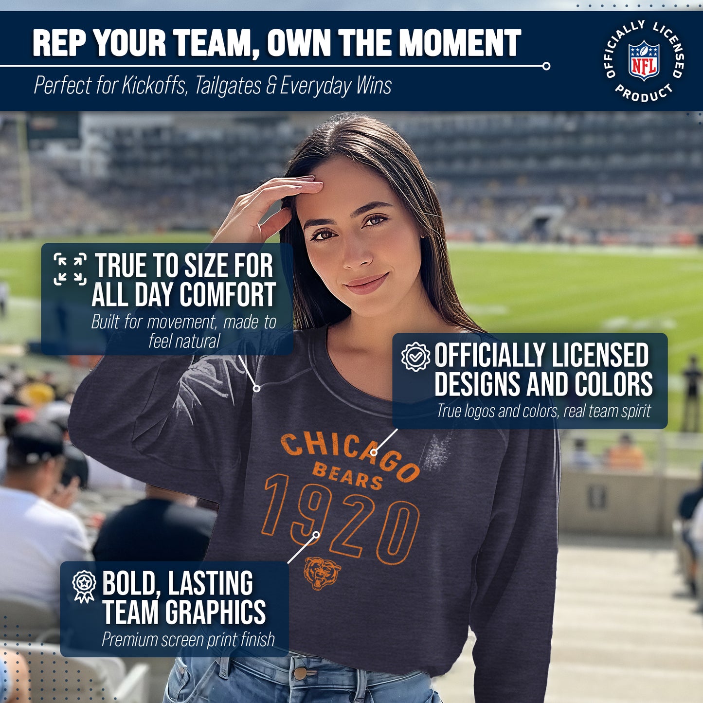 Chicago Bears NFL Womens Big Date French Terry Slouchy Top - Navy Heather