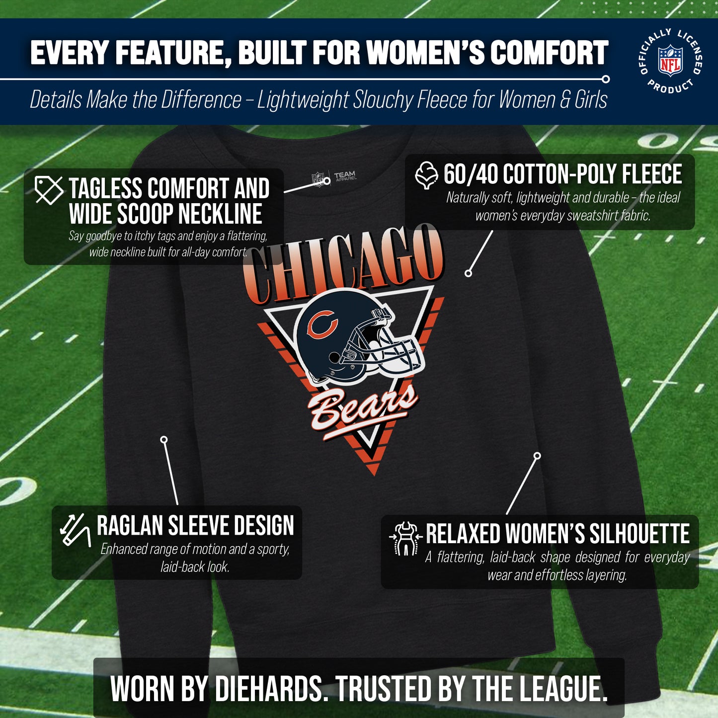Chicago Bears NFL Womens Retro Triangle French Terry Slouchy Top- Raglan Sleeves - Heather Charcoal